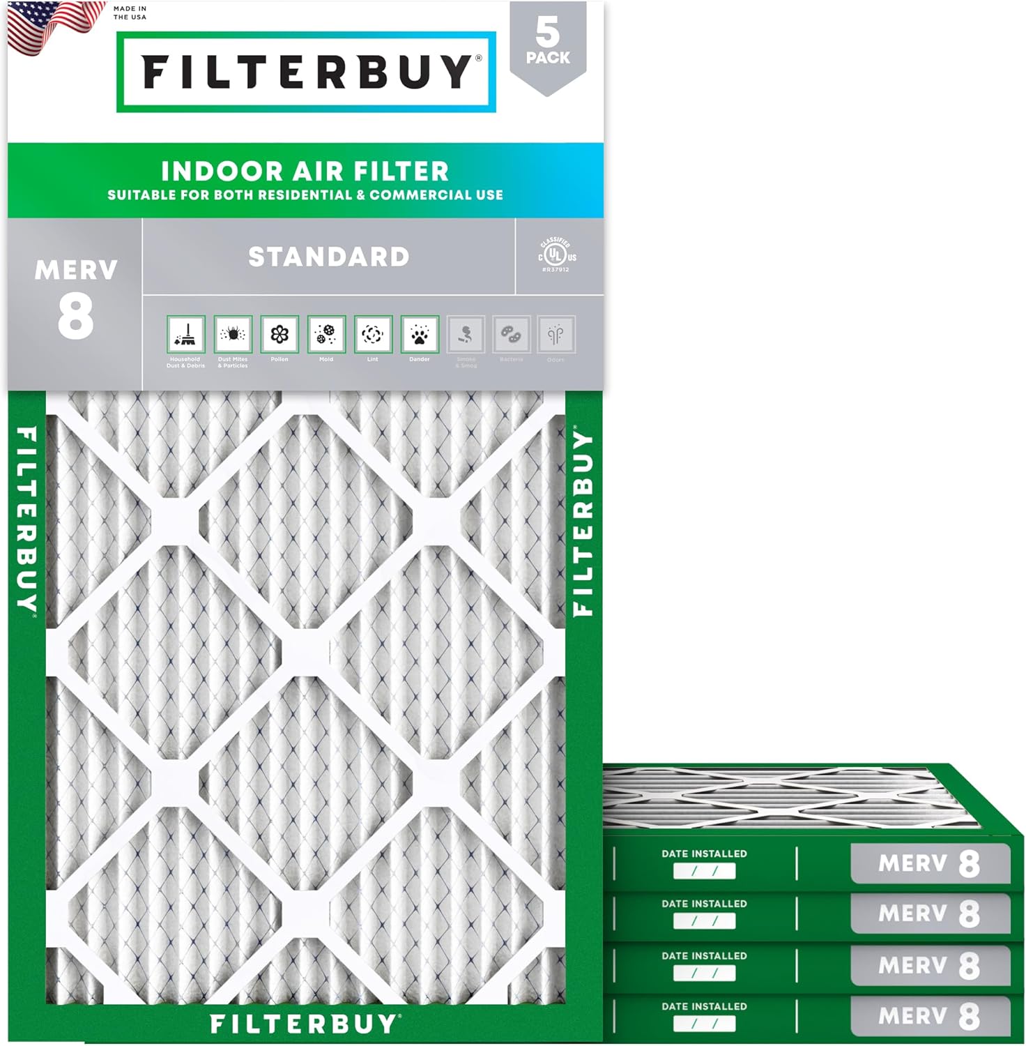 Filterbuy 9.5x23.5x1 Air Filter MERV 8 Essential Dust & Allergy Defense (5-Pack), Electrostatic Pleated HVAC AC Furnace Filters Replacement (Actual Size: 9.50 x 23.50 x 0.75)