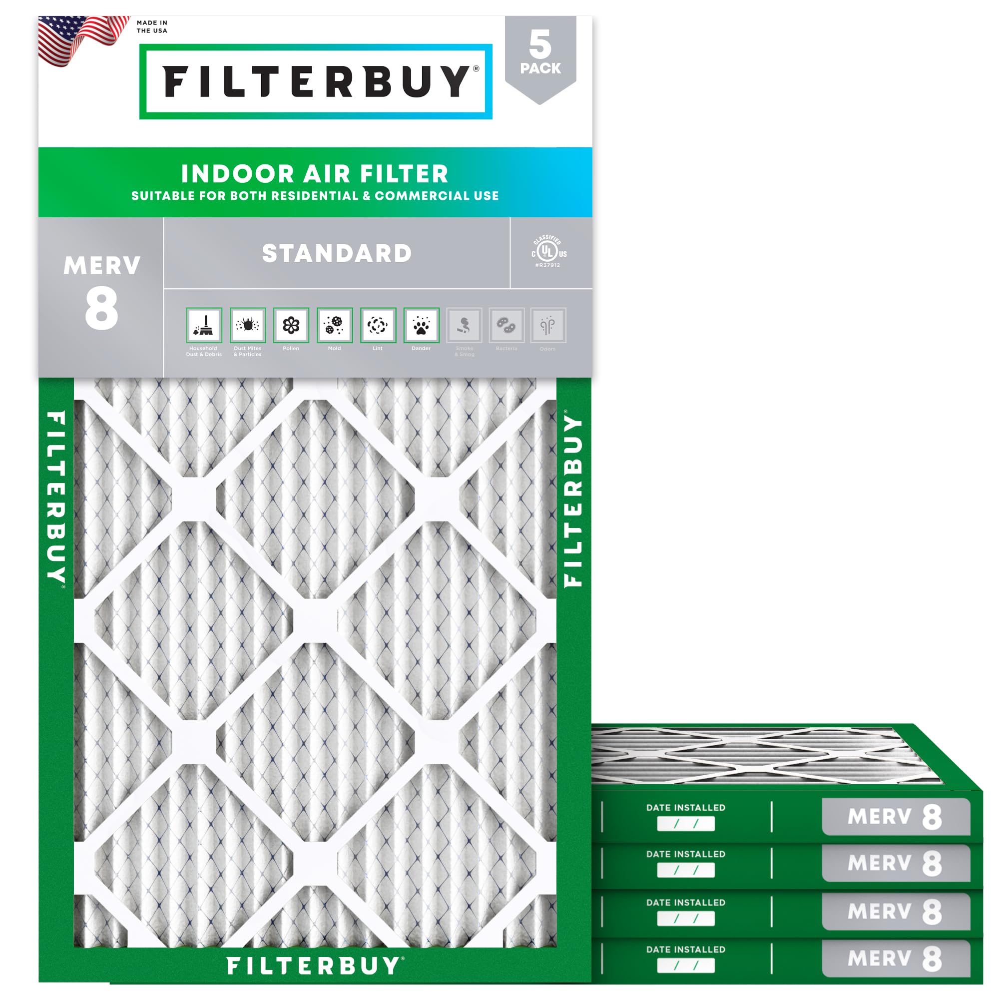 Filterbuy 16x25x1 Air Filter MERV 8 Dust Defense (5-Pack), Pleated HVAC AC Furnace Air Filters Replacement (Actual Size: 15.50 x 24.50 x 0.75 Inches)