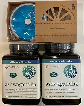 Youtheory Ashwagandha 1000mg with KSM-66 - Helps Support a Healthy Stress Response,180 Capsules Pack of 2 and Pill Orgnizer Bundles