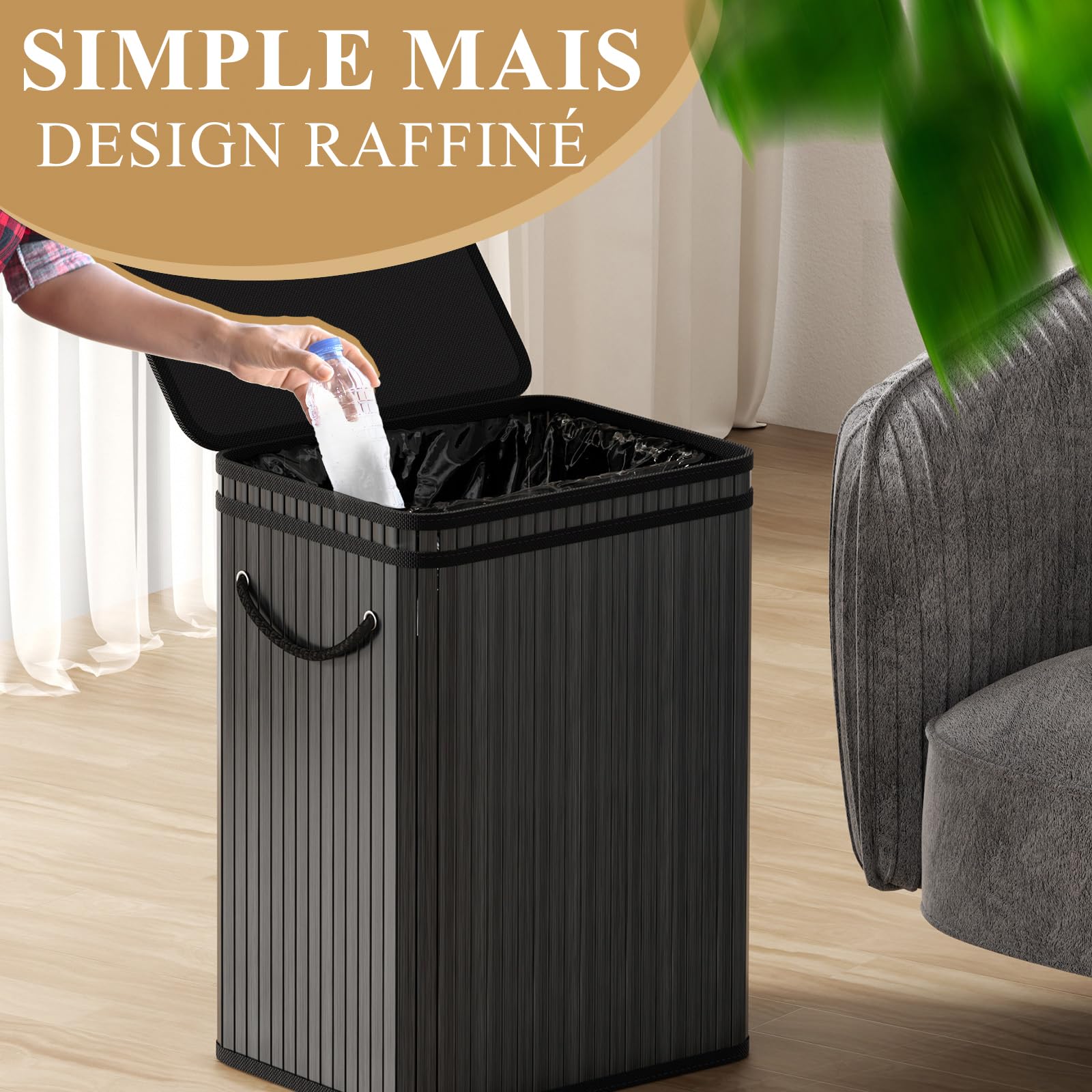Mihoho Grande poubelle de 80 litres avec couvercle, corbeille/panier à déchets en bambou, poubelle d'extérieur pour la maison, le bureau, la salle de bain, la cuisine 40X30X60 CM (noir)
