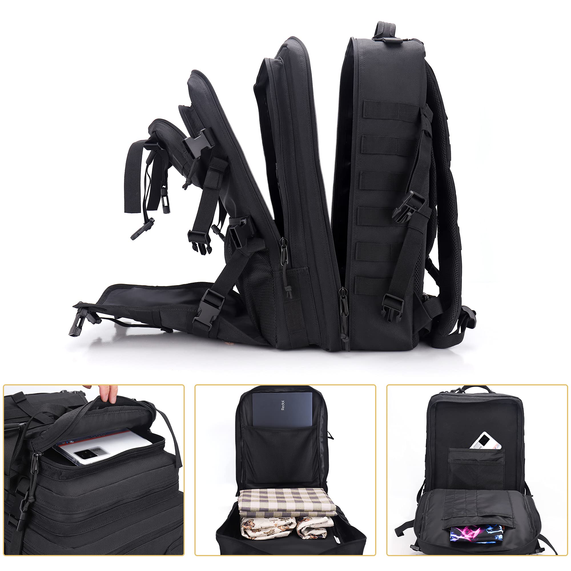 Motorrad Helm Rucksack für Herren, 45L Militär Rucksack Groß, Wasserdicht Molle Motorradrucksäcke für Outdoor Survival Camping Sport Trekking Wander Schwarz