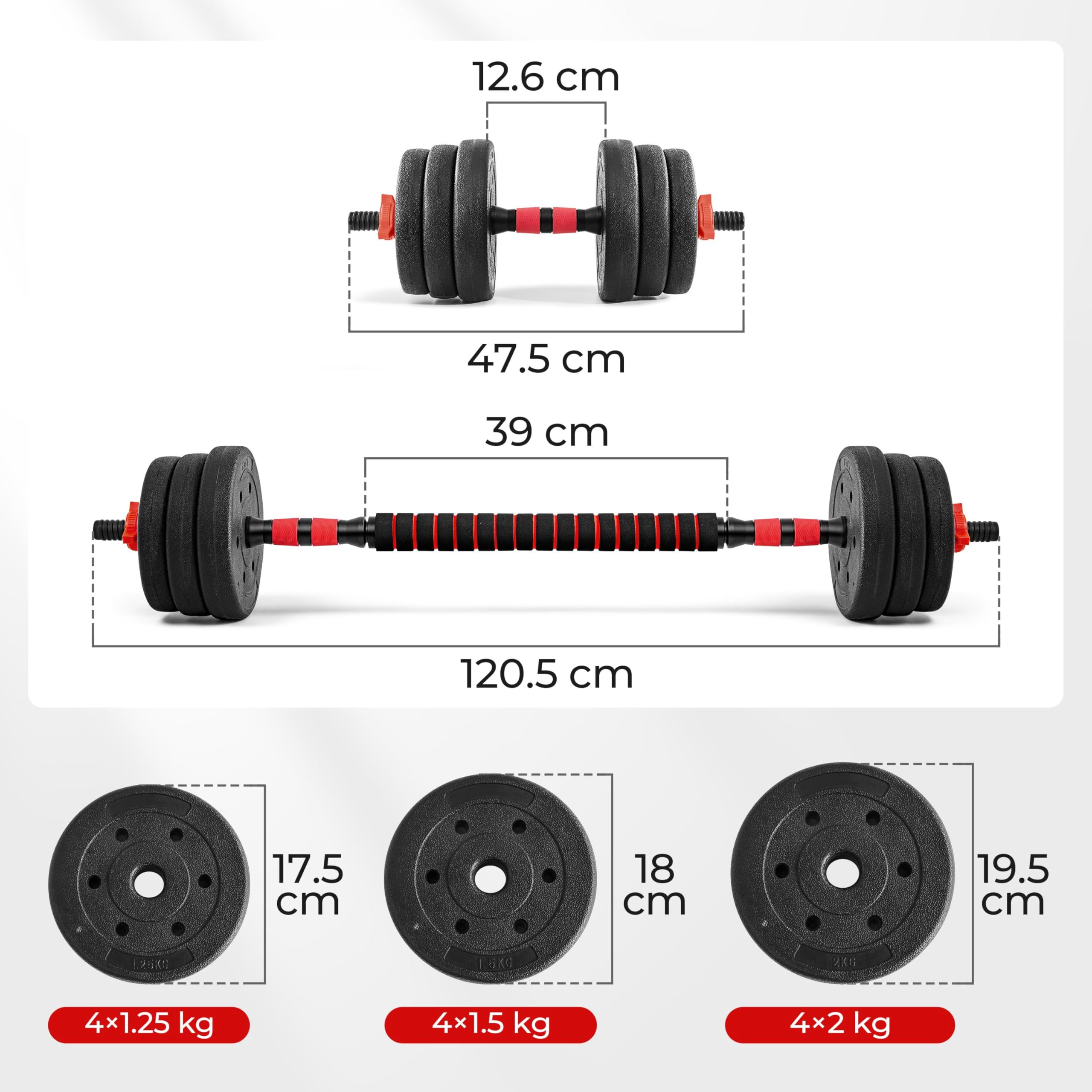 Yaheetech Zestaw hantli 2 w 1, 20 kg, regulowane hantle z drążkiem łączącym i 12 obciążnikami, antypoślizgowy uchwyt, sztanga do treningu siłowego do ćwiczeń siłowych w domu, kolor czarny
