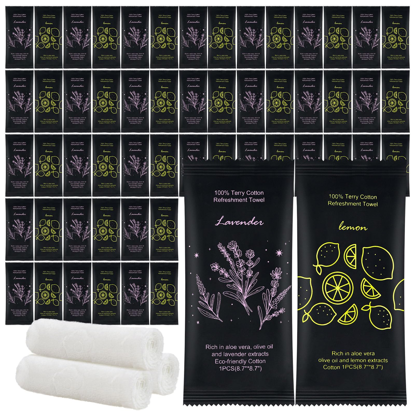 Moist Cotton Towel Bulk Moist Towelettes Individually Wrapped 8.7" x 8.7",White Towel Services,Refreshment Pre Moistened Towels Lavender and Lemon Scent for Travel Sport Party Spa Dentist Hote200