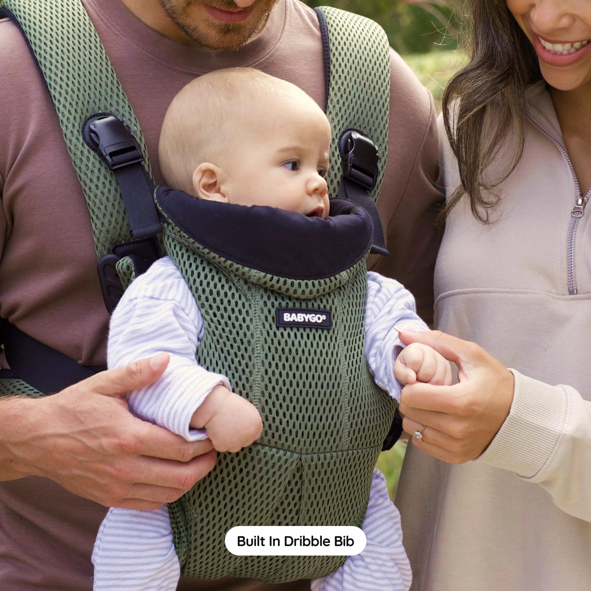 BABYGO AirMesh Babytrage mit integriertem Sabberlätzchen | von 0 bis 18 Monaten | Verstellbare, leichte und atmungsaktive AirMesh-Technologie (Olive, Air Mesh)