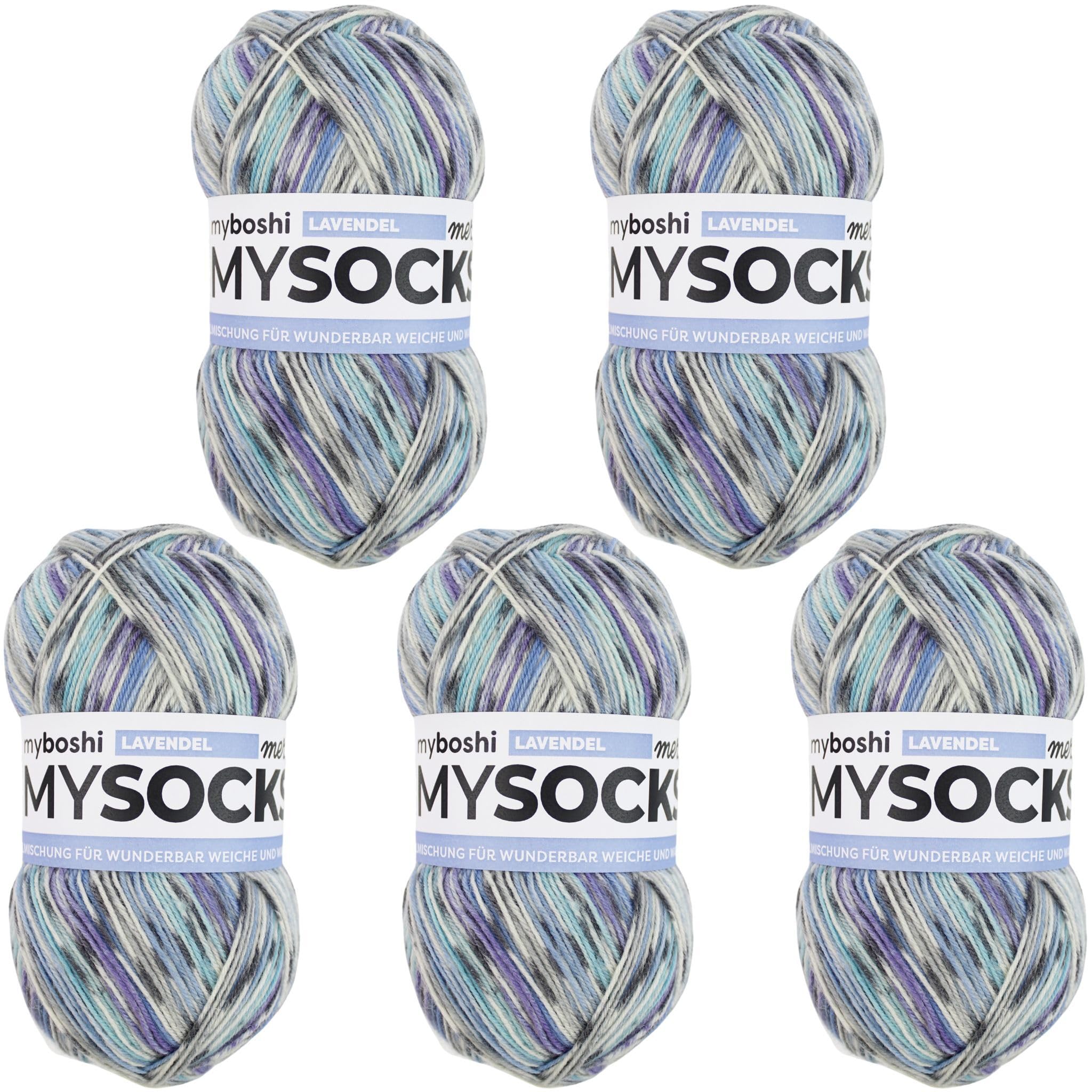 myboshi mysocks Merino, extra weiche 4-fädige Merino-Sockenwolle, 75% Schurwolle, 25% Polyamid, filzfrei, 100g, 420m Lila (Lavendel), 5 Knäuel