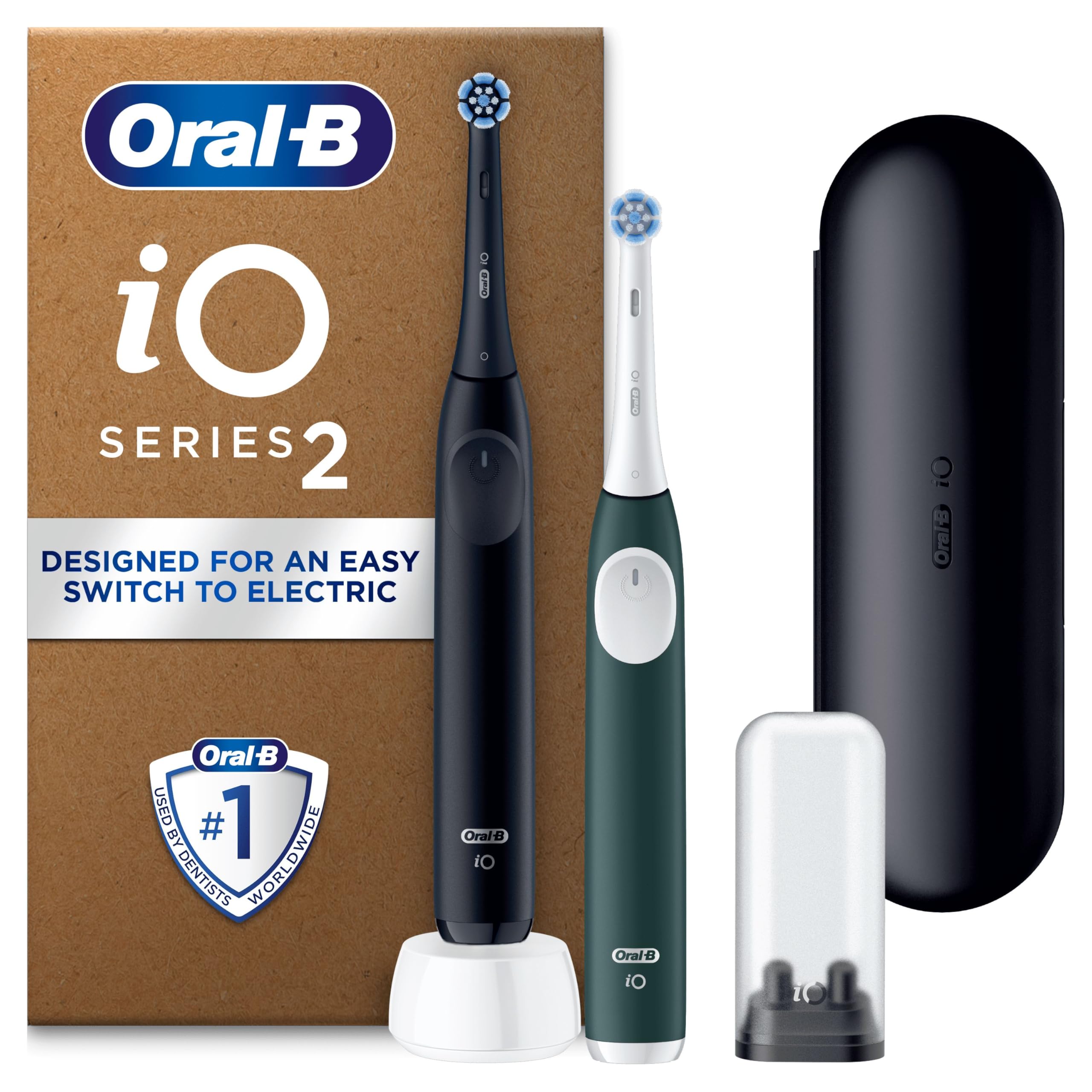 Oral-B iO2 Duo Night Black and Forest Green Electric Toothbrushes, 2 Toothbrush Heads, 1 Travel Case, 1 Travel Refill Holder, Designed by Braun