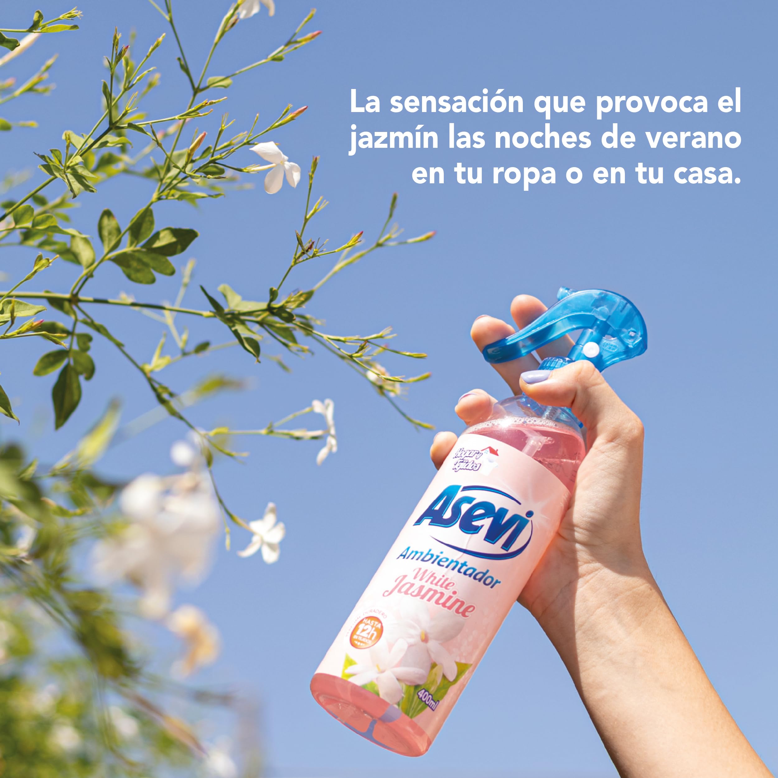 Asevi White Jasmine - Ambientador Concentrado en Spray - Hogar y Textil - Elimina Olores - Intensa Fragancia a Jazmín - Pulverización Extrafina - 400 ml