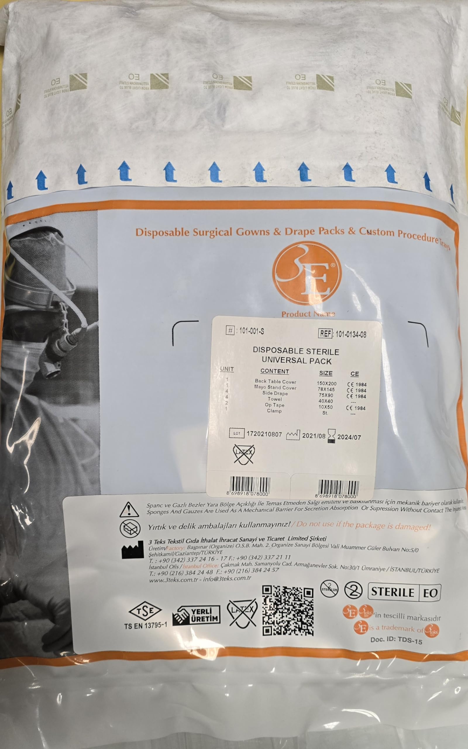 3 Teks DISPOSABLE STERILE UNIVERSAL PACK - with Back table cover, Mayo stand cover, side drape, towel, op tape & clamp - 101-0134-08