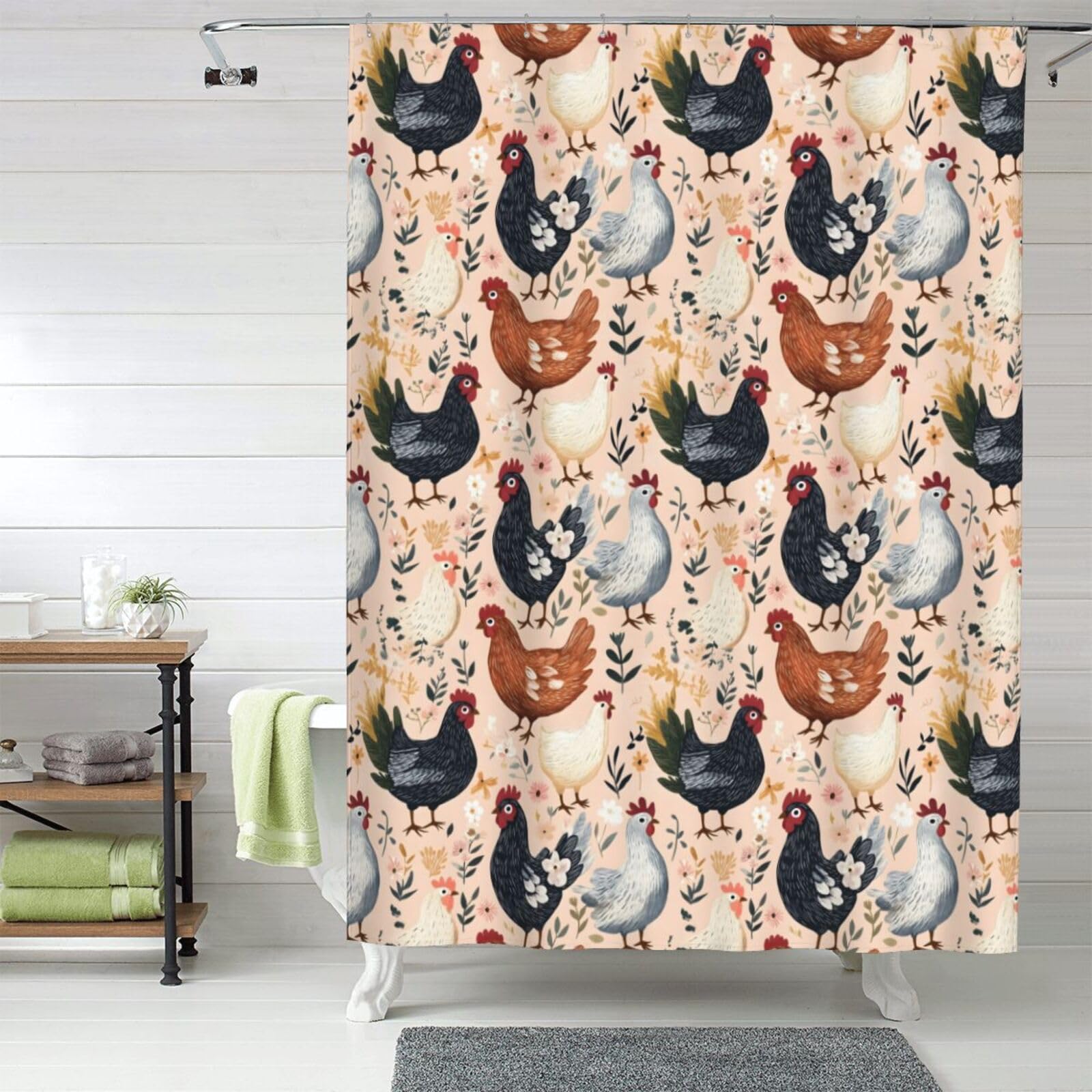 Rideaux de douche en tissu imprimé poulets pour une salle de bain esprit campagne chic