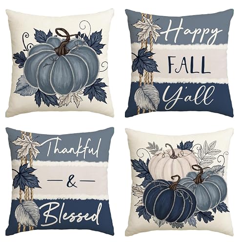 AVOIN colorlife Fall Blue Pumpkin Stripe Pillow Covers 18x18 Inch