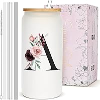 Personalized Monogrammed 16oz Glass Iced Coffee Tumbler with Lid, Straws & Brush - Custom Initial Cup, Cute Gift for Women, Birthday Christmas