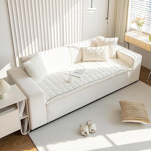 Miniatura 32 de vctops Funda de Sofá a Rayas de Pana Súper Suave Funda de Sofá Seccional Lavable Antideslizante Protector de Muebles para Niños Perros Mascotas, 1