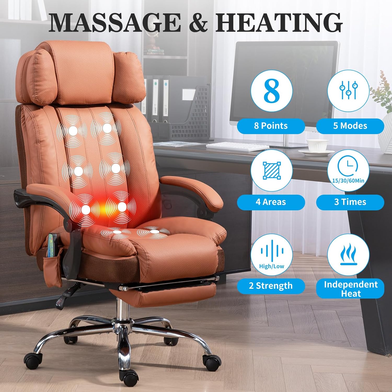 Diagram detailing the 8-point massage and heating functions, including 5 modes, 4 areas, 2 strength levels, and independent heat control.