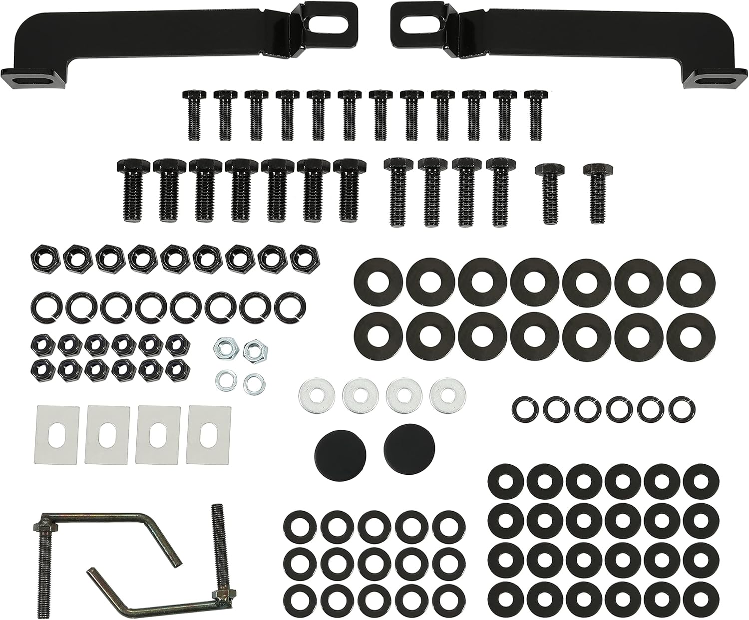 Close-up of the various bolts, washers, and nuts included in the mounting hardware kit.