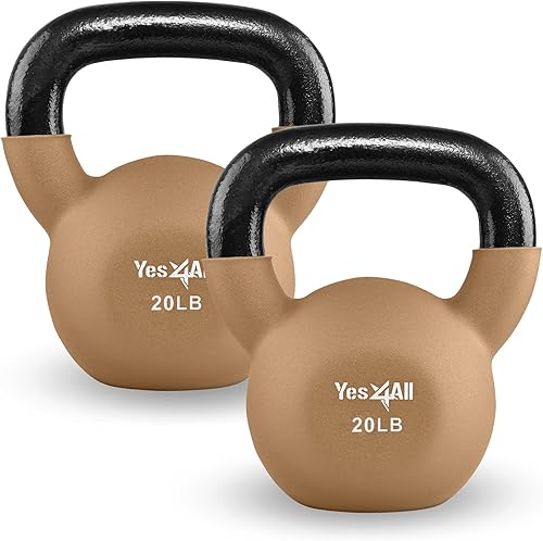 Miniatura 17 de Yes4All Pesas rusas, pesas rusas de hierro fundido recubiertas de neopreno de 5-65 LB, asa de agarre ancho y fondo plano para balanceos, D. 15