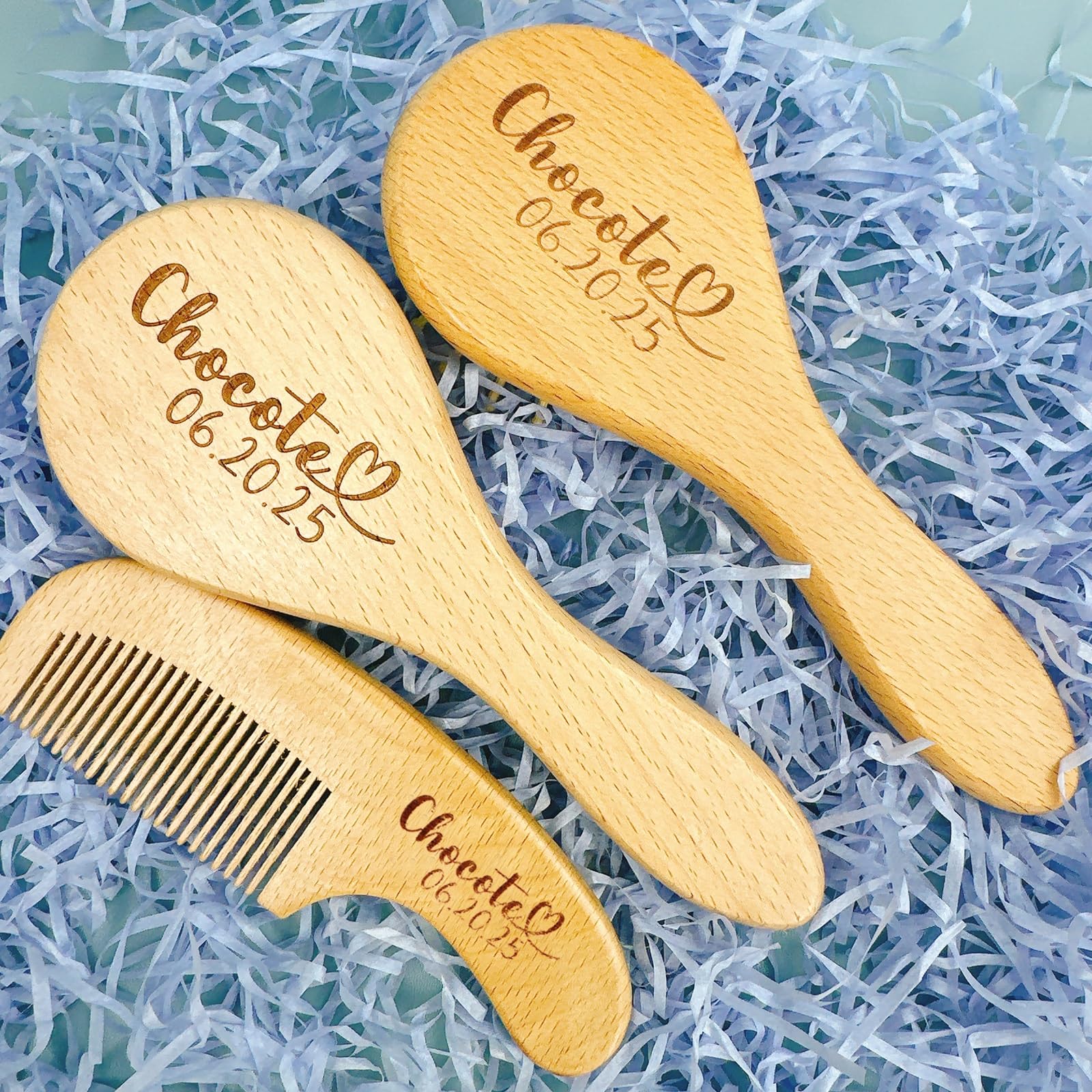 Personalized Engraved Name Date Wooden Hair Brush Set，Custom Toddler Cradle Cap Brushs And Newborn Baby Registry Gift For Girls, Boy(A)