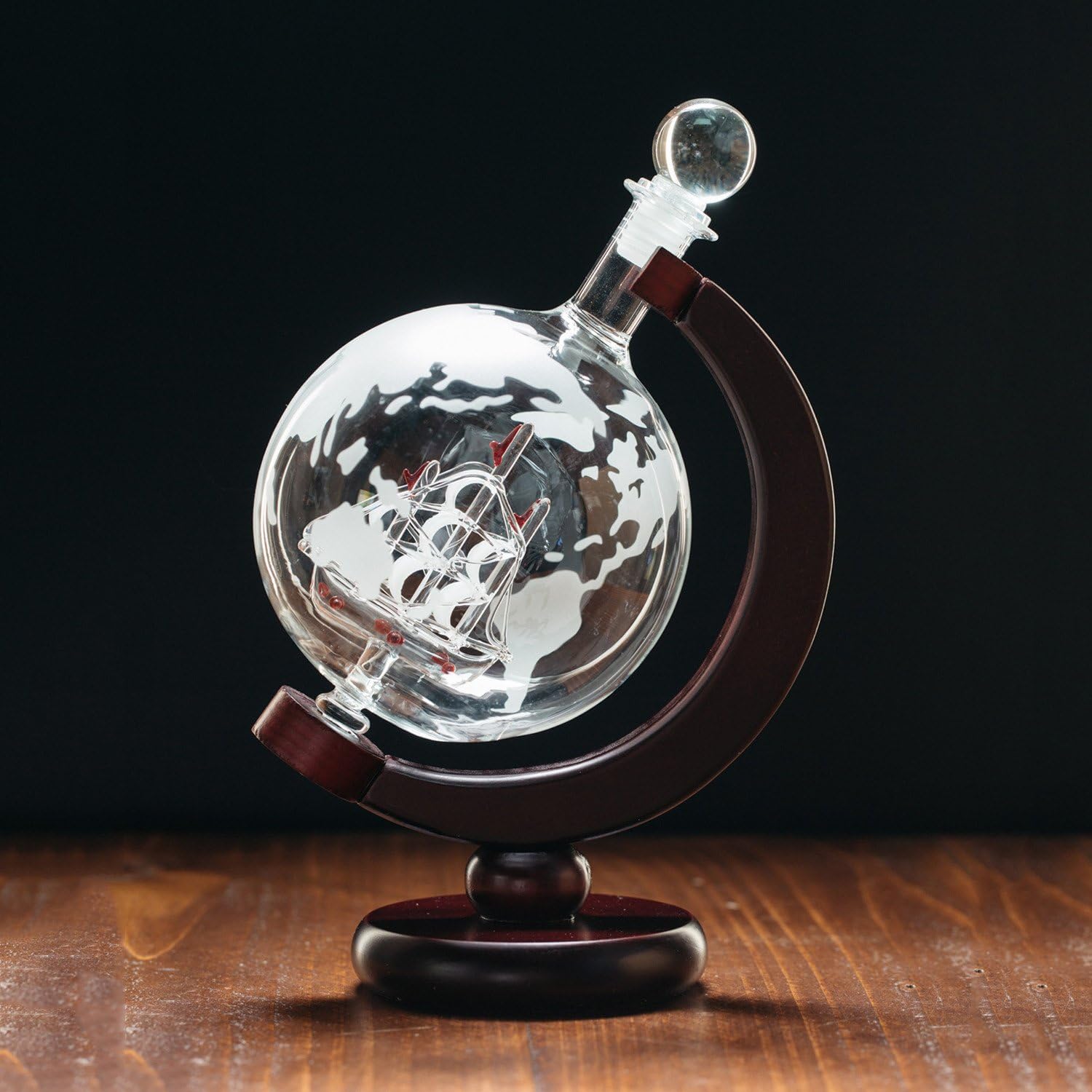 Large 50 Oz Handmade Etched Globe Decanter Set with Wooden Stand and Glass Ship inside, for Wine, Whiskey, Brandy, Tequila, Bourbon, Scotch, Rum and Liquor (with Glasses and Funnel)