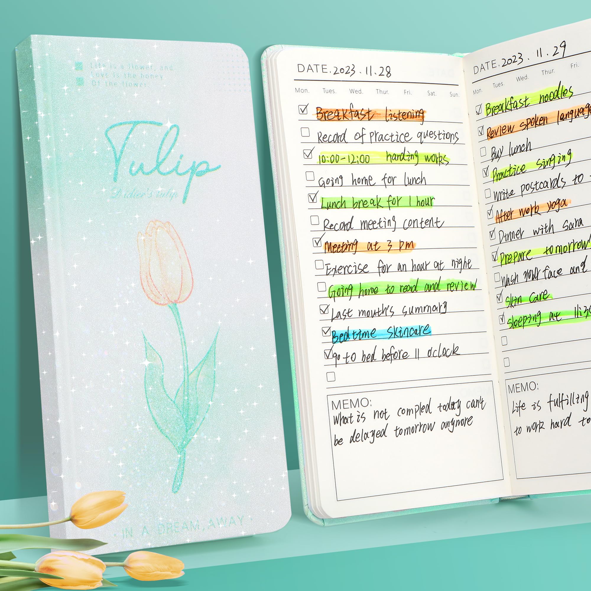 Toplive To Do List Notebook Planner Glitter Gradient Hard Cover, Stylish Undated Daily Planner Pocket To Do Checklist 7.5" x 3.7", 192 Pages for Work Office School, Tulip Green