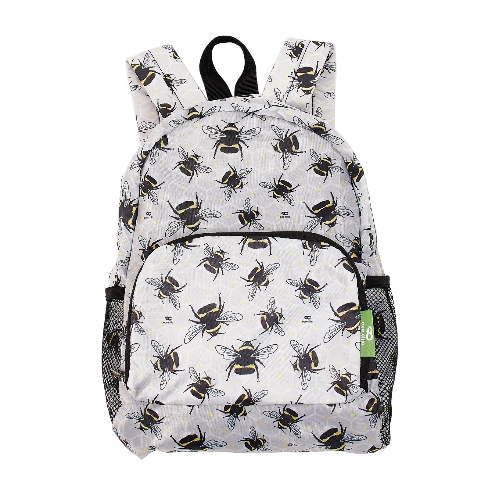 Eco Chic Lightweight Foldable Water Resistant Mini Backpack Folds Into Pouch for Storage (Bumble Bees Grey)