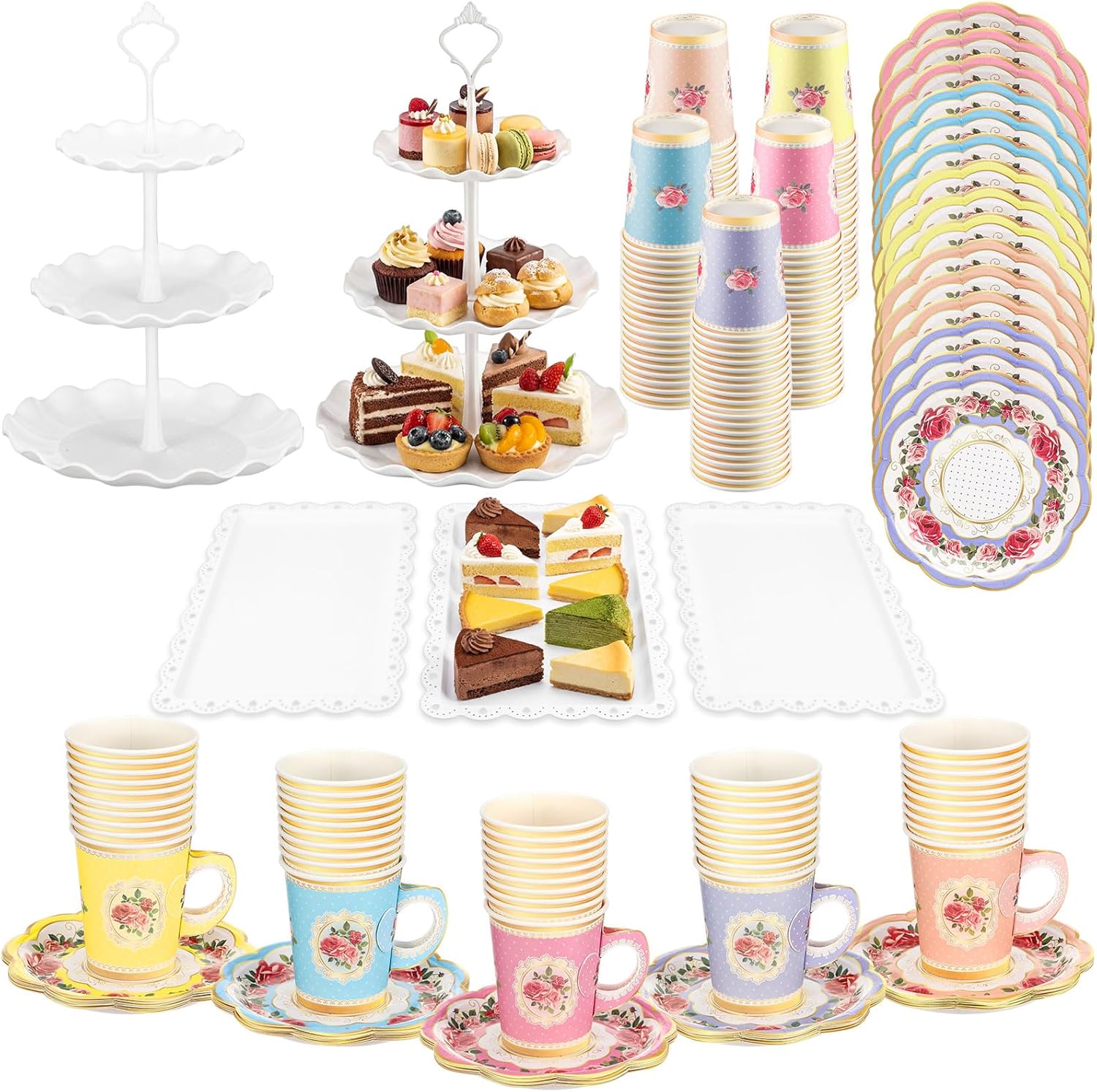 105 Pcs Floral Tea Party Set 50 Disposable Teacups with Handles 50 Saucers 2 Cake Stand 3 Tray for Women Flower Design Tea Party Decorations for Birthday, Princess