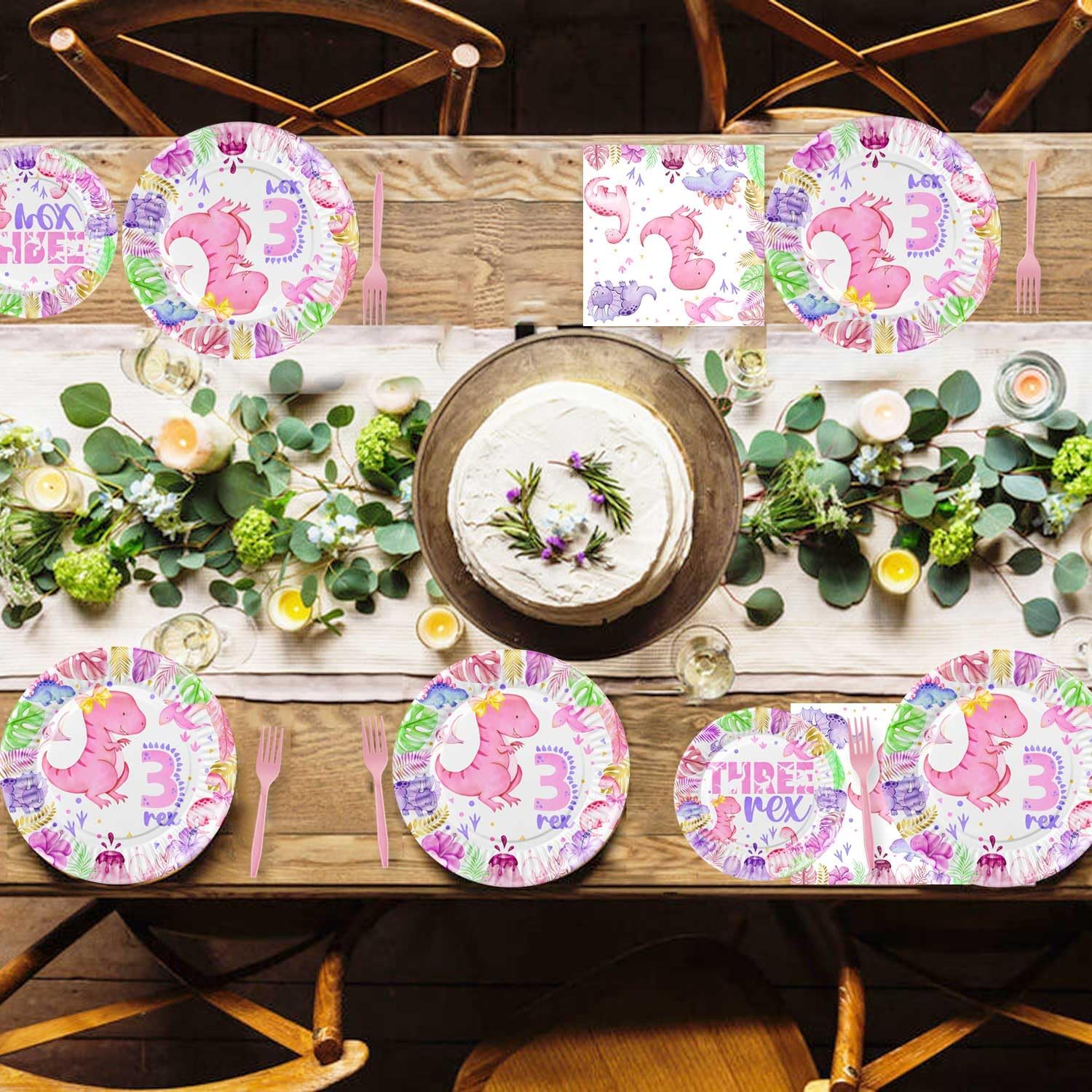212 Pcs Dinosaur 3rd Birthday Party Supplies, Girl Dino Three Rex Birthday Decorations, 20 Serves Include Paper Plates, Cups, Napkins, Tablecloth, Cake Topper, Swirls, Banner, Balloons for Girls