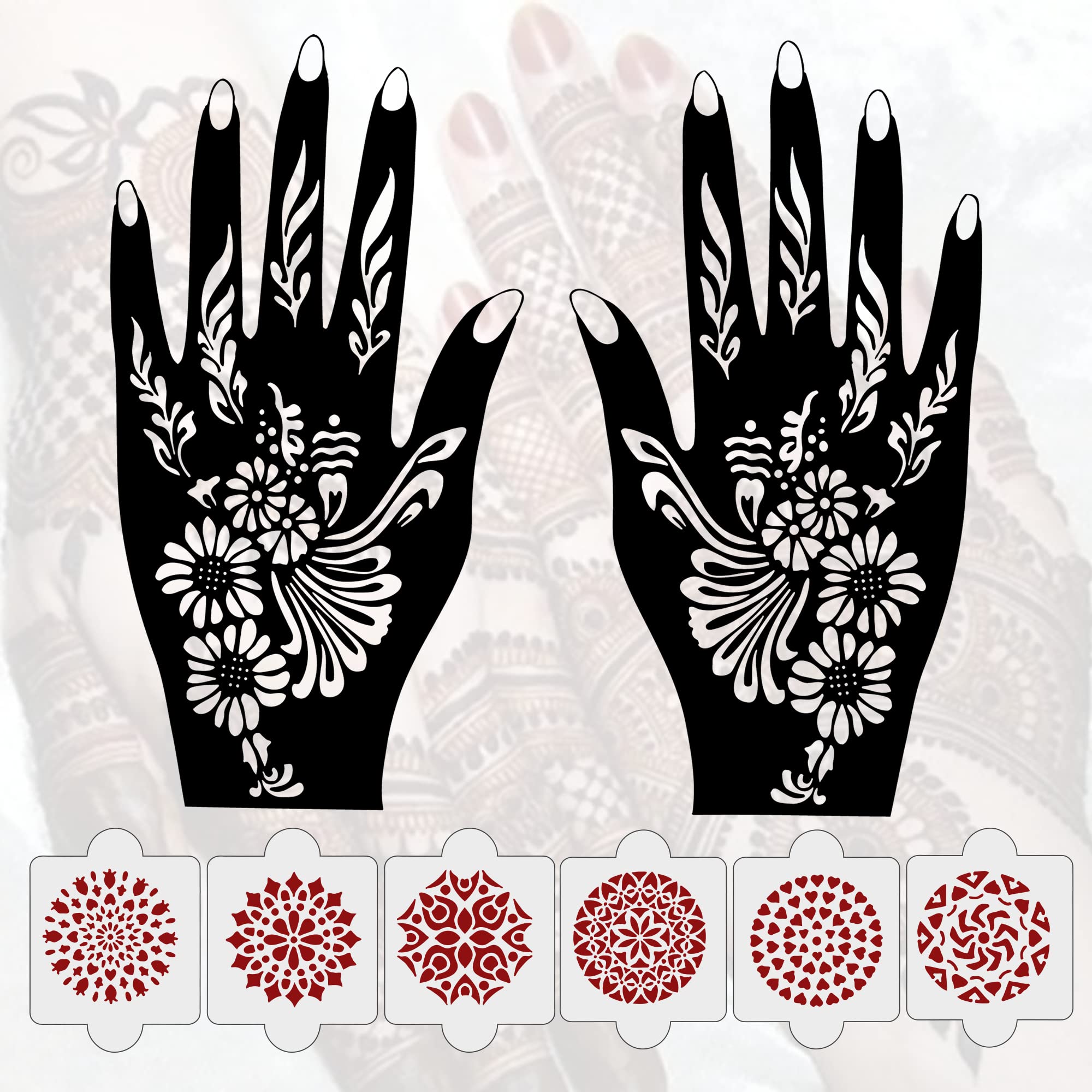 Ivana's Pack of 8 Pcs (2 Pcs Heena Stencil Tatto + 6 Pcs Laser Cut PVC Reusable Heena Stencils), Heena Mehandi Sticker, Mehandi Stickers for Full Hand for Women, Girls and Kids, Easy to Apply, NIV-031-image-26
