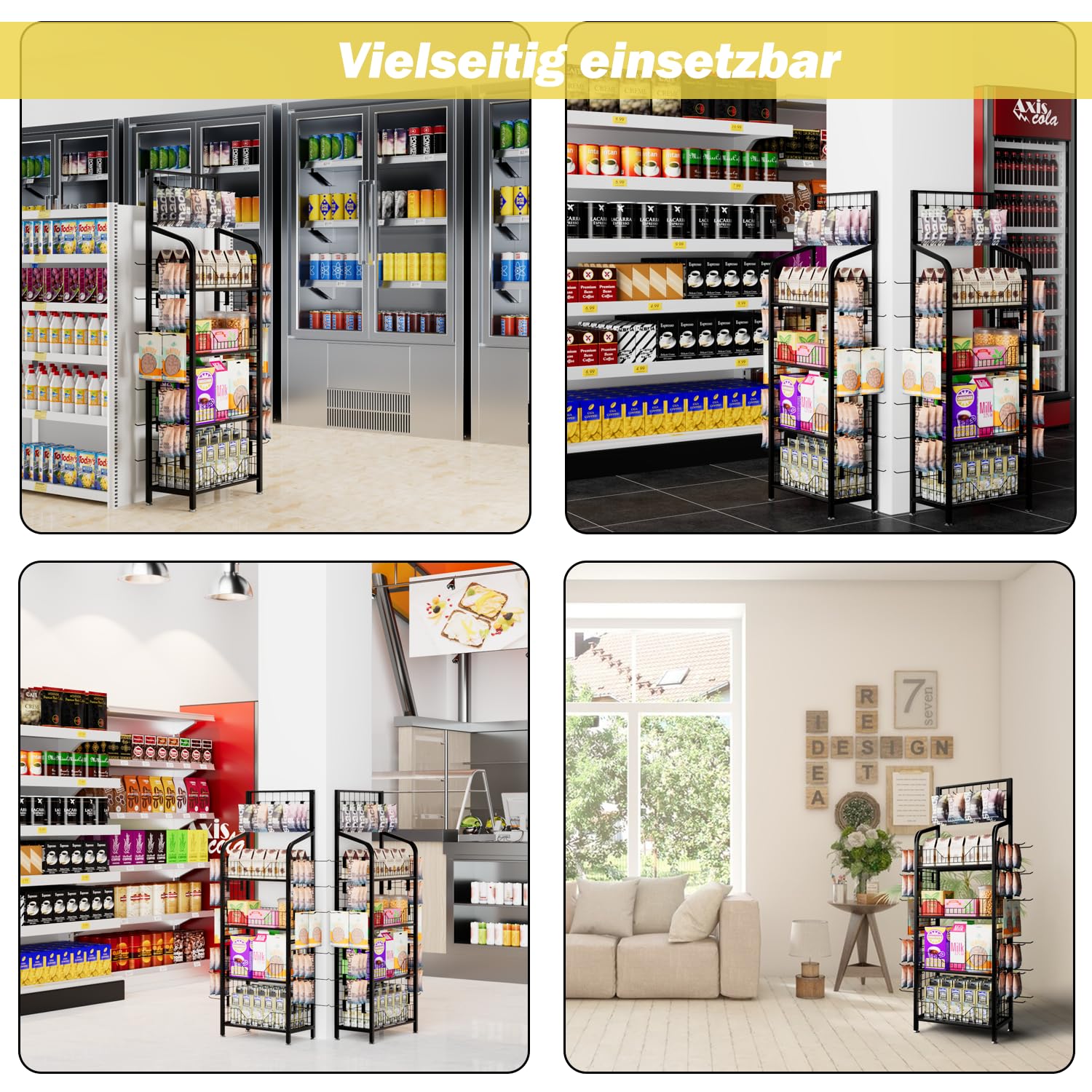 4-stufiges Metall Präsentierregal mit 30 Haken, stabiler Drahtgitter Aufbewahrungsständer für Snacks, Lebensmittel, Laden & Zuhause