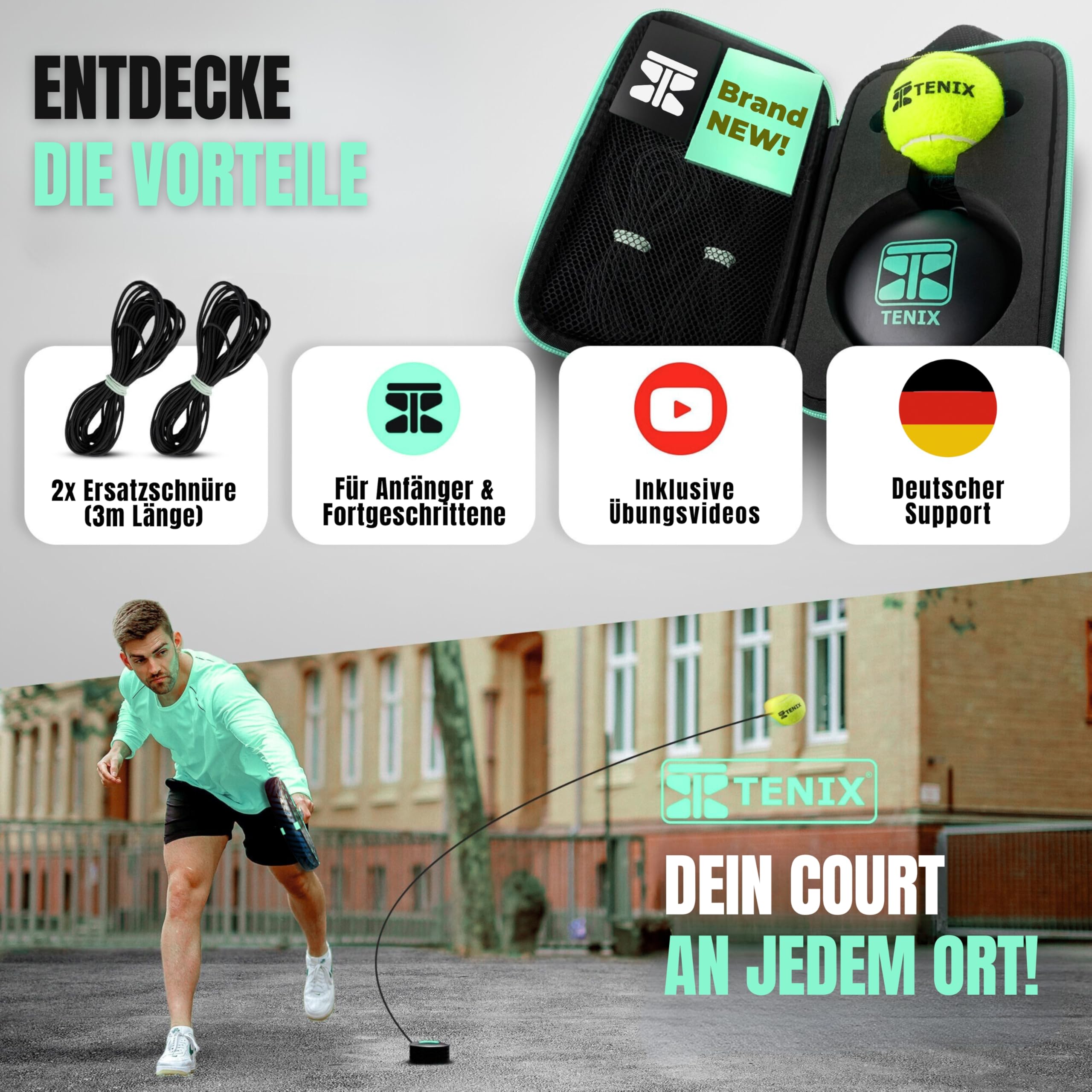 TENIX® Padel-Trainer Set mit Edelstahl-Basis [Keine Wasserfüllung nötig] Trainieren im Hof, im Park, auf dem Padelplatz | Hervorragendes Padel-Tennis Geschenk!