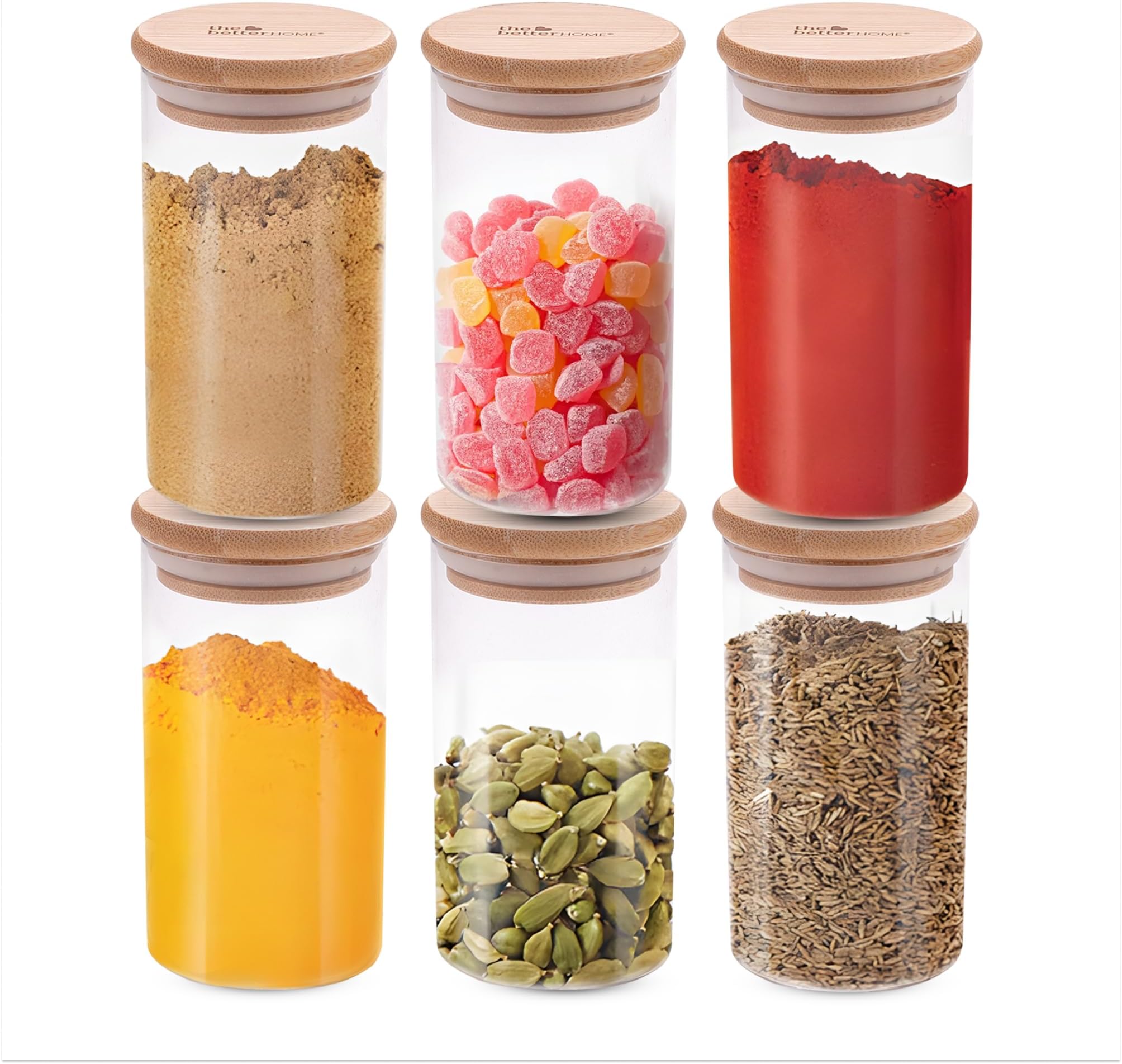 The Better Home Borosilicate Glass Jars with Bamboo Lid | Pack of 6-300 ml Each | Spice Jars for Kitchen | Airtight Kitchen Containers Set | Glass Jars for Spices, Dry Fruits, Nuts, Sugar, Salt, Clear