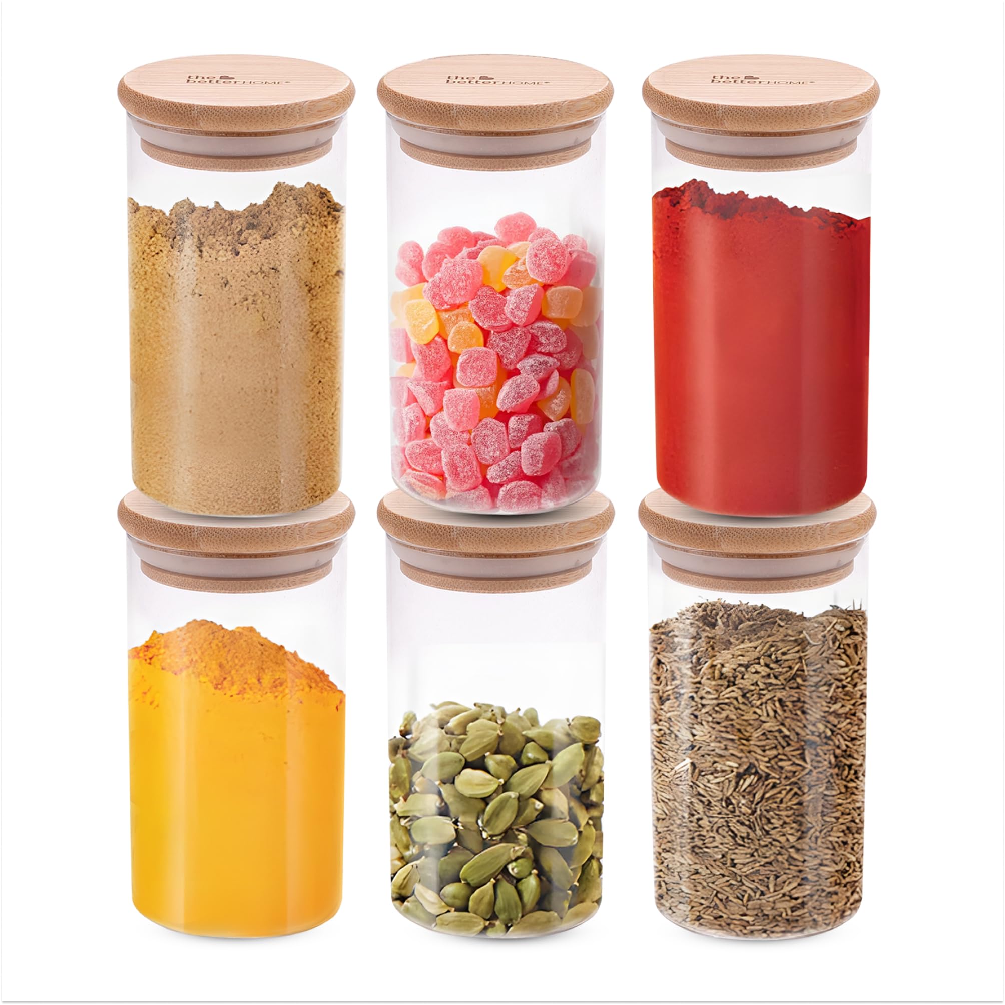 The Better Home Borosilicate Glass Jars with Bamboo Lid | Pack of 6-300 ml Each | Spice Jars for Kitchen | Airtight Kitchen Containers Set | Glass Jars for Spices, Dry Fruits, Nuts, Sugar, Salt, Clear