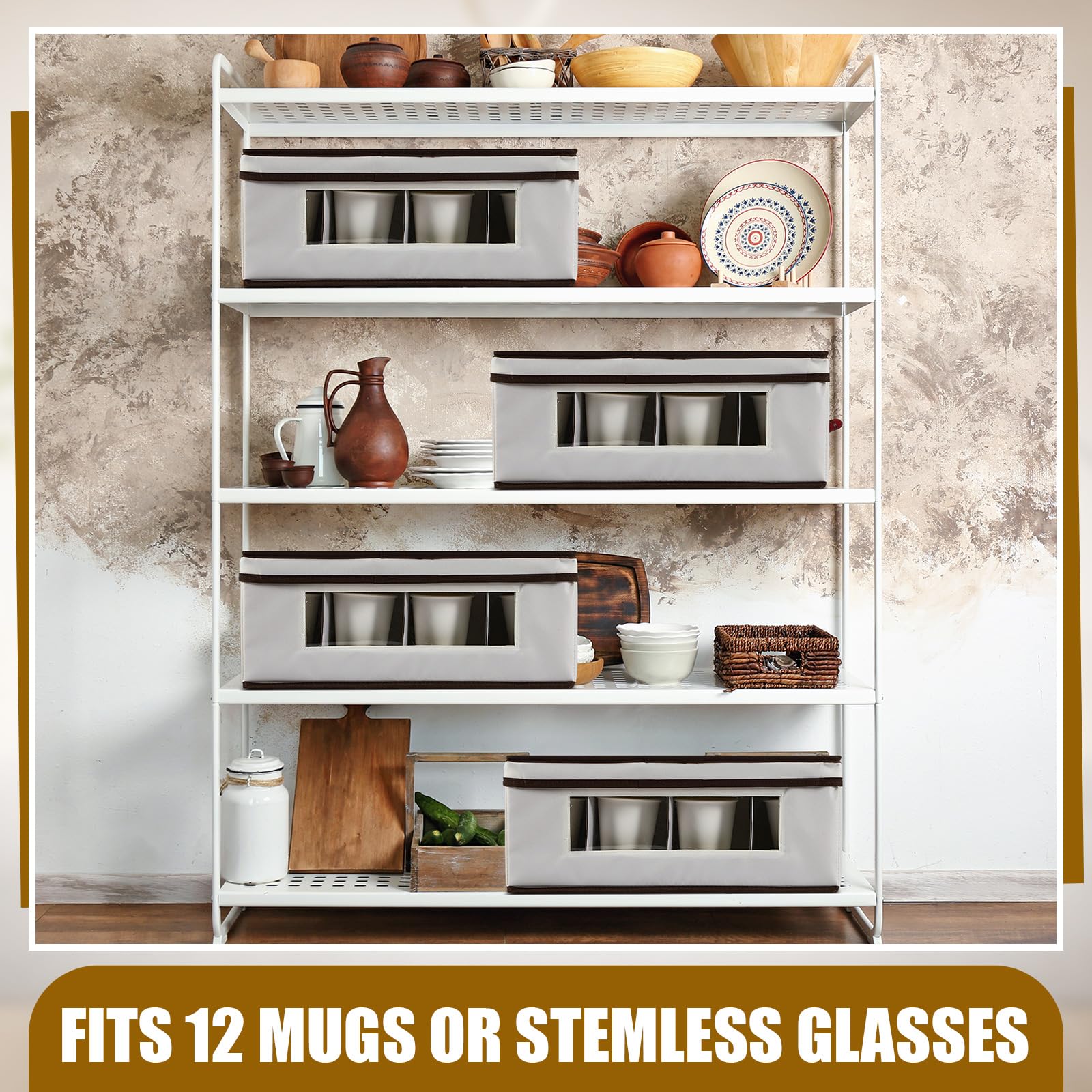 Uiifan 4 cajas de almacenamiento para tazas con divisores, 12 compartimentos, cajas de almacenamiento de vasos de porcelana con tapa, asas, ventana de PVC para mudanza, color beige