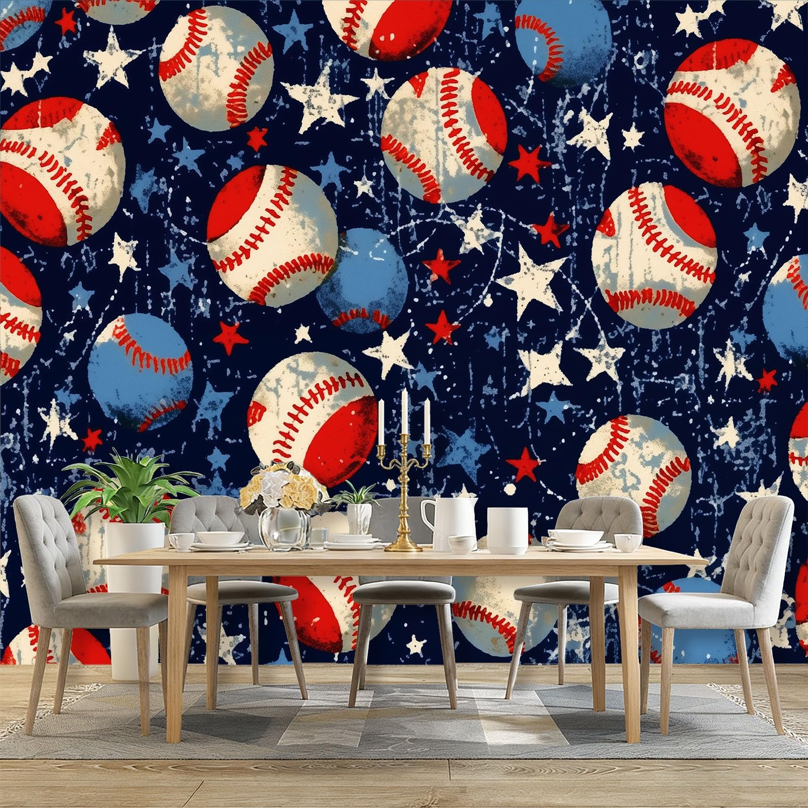 Fototapeta retro sport baseball gwiazdy fototapeta sztuka kalkomania niebieska czerwona tapeta plakat obraz do dekoracji wnętrz salon sypialnia kuchnia pokrycie ścian, 350 x 256 cm