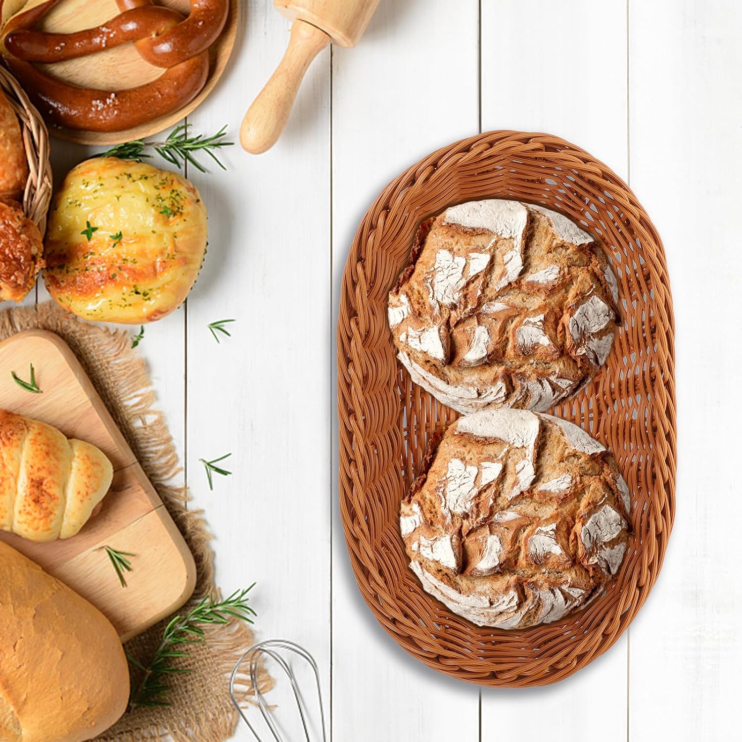 Generic Woven Rattan Bread Basket and Snacks Serving Basket 28x19x9.5 Cm Multi-function Kitchen Food Storage Holder for Fruits Vegetables and Desserts for Home and Party Use