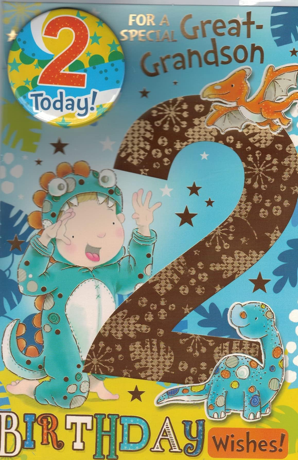 "Express Yourself" Birthday Card for Age 2 Great Grandson - Includes Badge and Envelope - Animated Little 2 Year Old Boy and Dinosaur Best Friends Design on a Blue Font for Him