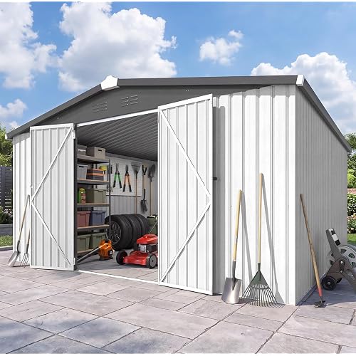 AECOJOY 12' x 12' Large Waterproof Metal Outdoor Storage Shed, Heavy Duty Outside Storage Shed with Lockable Wide Double Doors, Ventilated Garden Tool & Lawn Mower Storage for Backyard, Patio - White