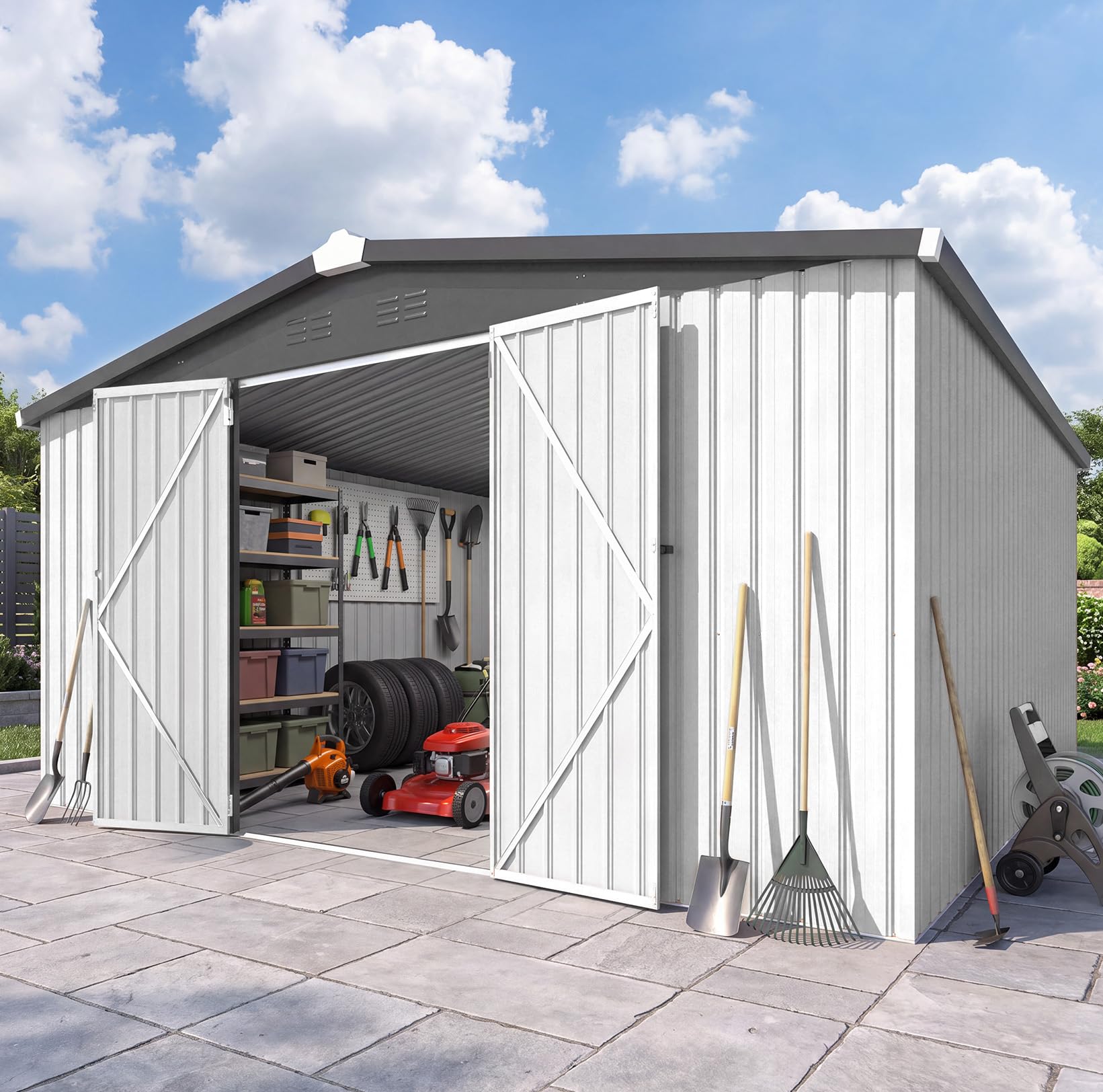 AECOJOY 12' x 12' Large Waterproof Metal Outdoor Storage Shed, Heavy Duty Outside Storage Shed