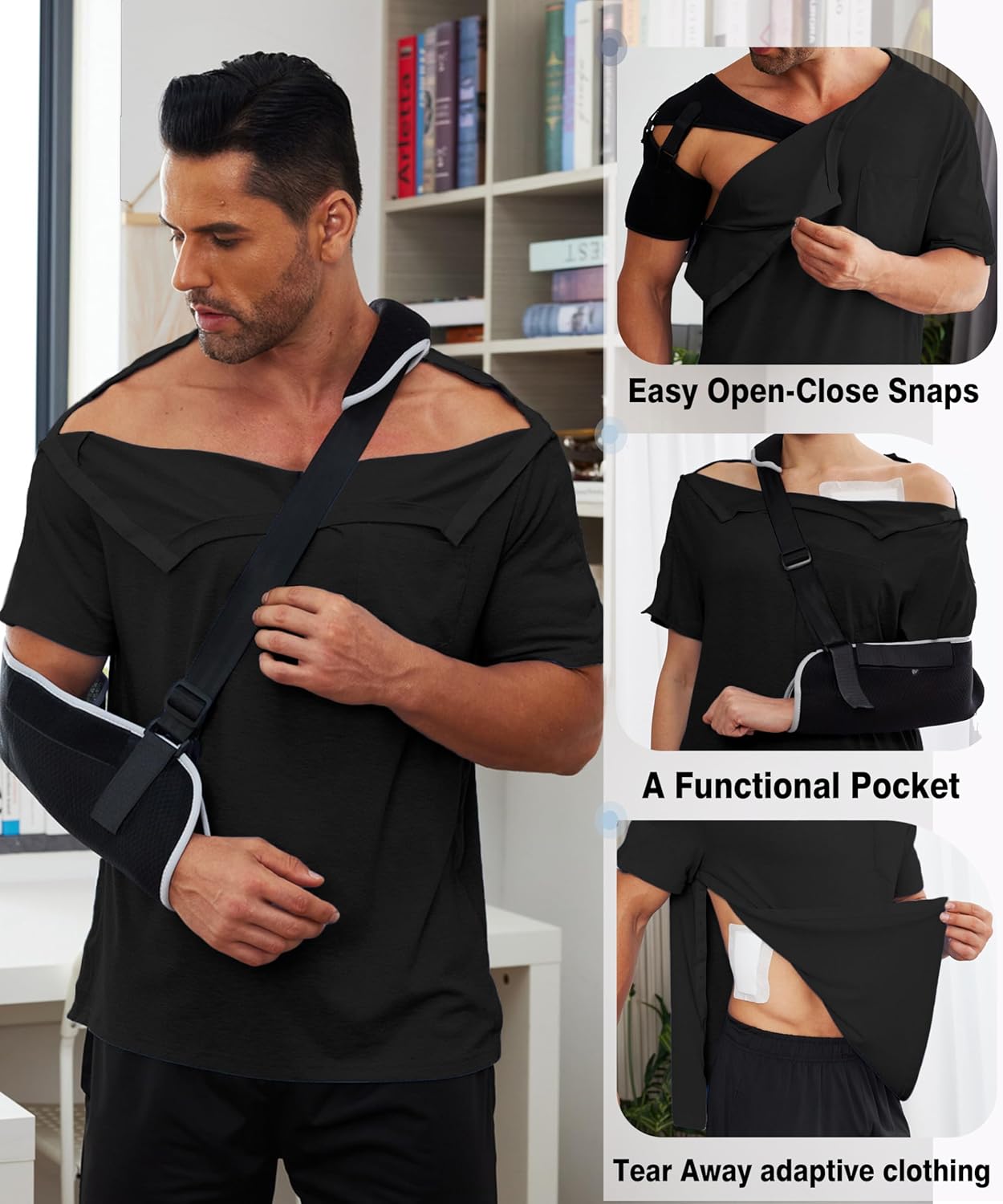 Deyeek Men's Post Shoulder Surgery Shirts Recovery Tear Away Short Sleeve Full Open Side Snap Adaptive Chemo Clothing - Image 4