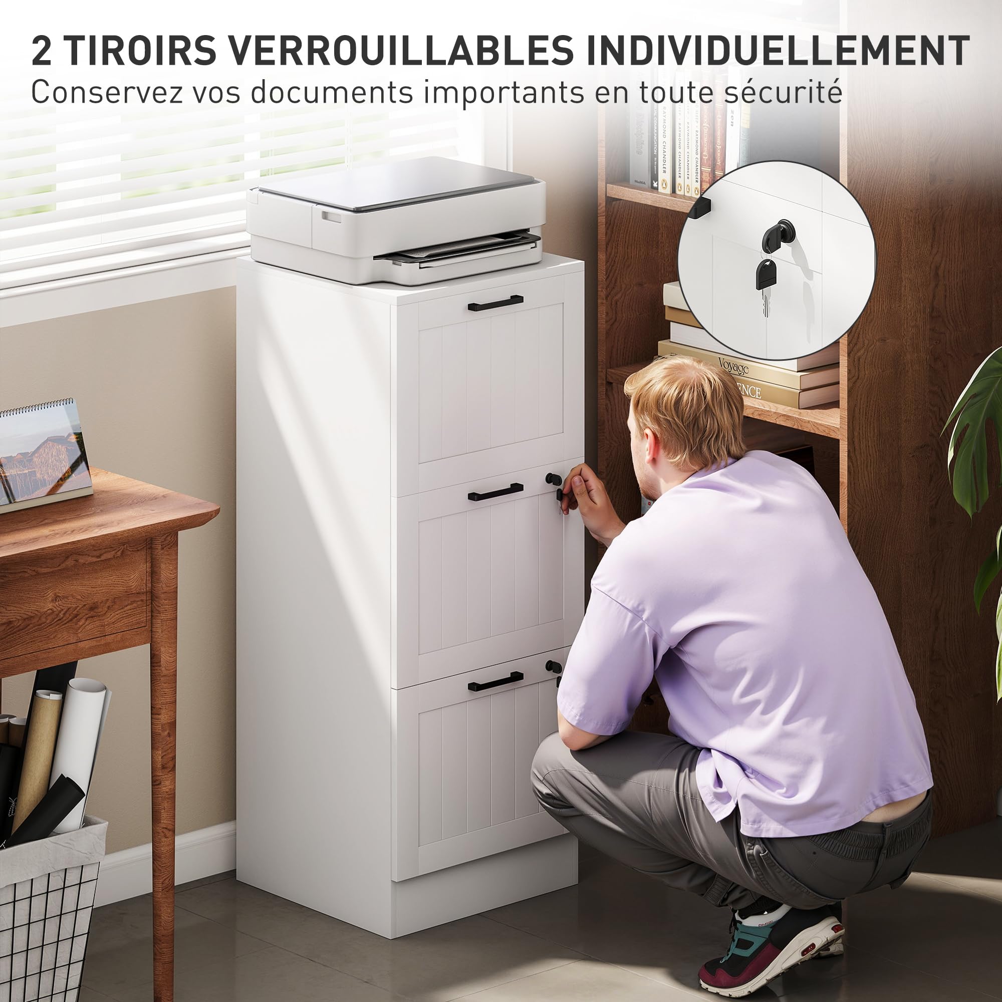 HOMCOM Cassettiera da scrivania con 3 cassetti e serrature, mobile per ufficio con barre di sospensione regolabili per documenti, cassettiera compatta per ufficio o camera da letto, 40x40x101 cm