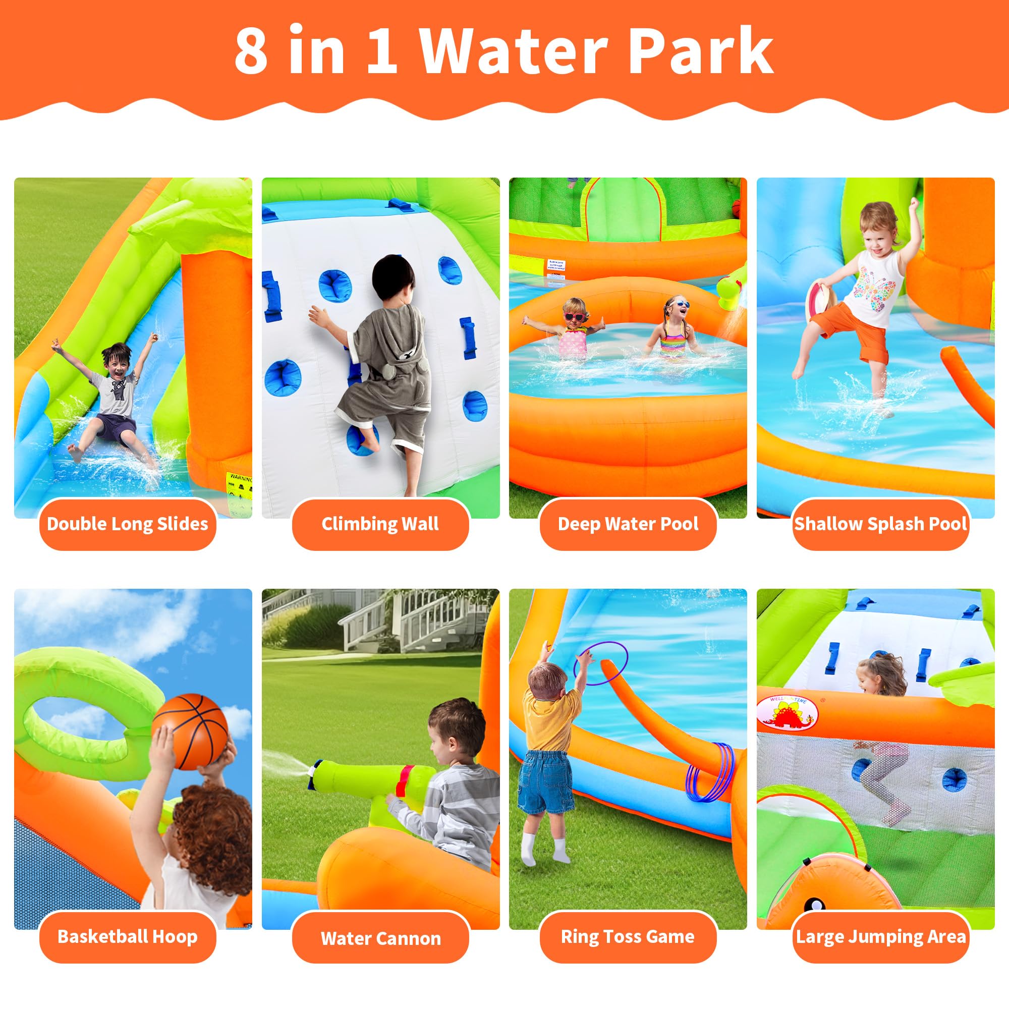 WELLFUNTIME Parque inflable de doble tobogán acuático con soplador, castillo inflable con cañón de agua, piscina de dinosaurios, castillo de rana, pared de escalada, aro de baloncesto, parque acuático