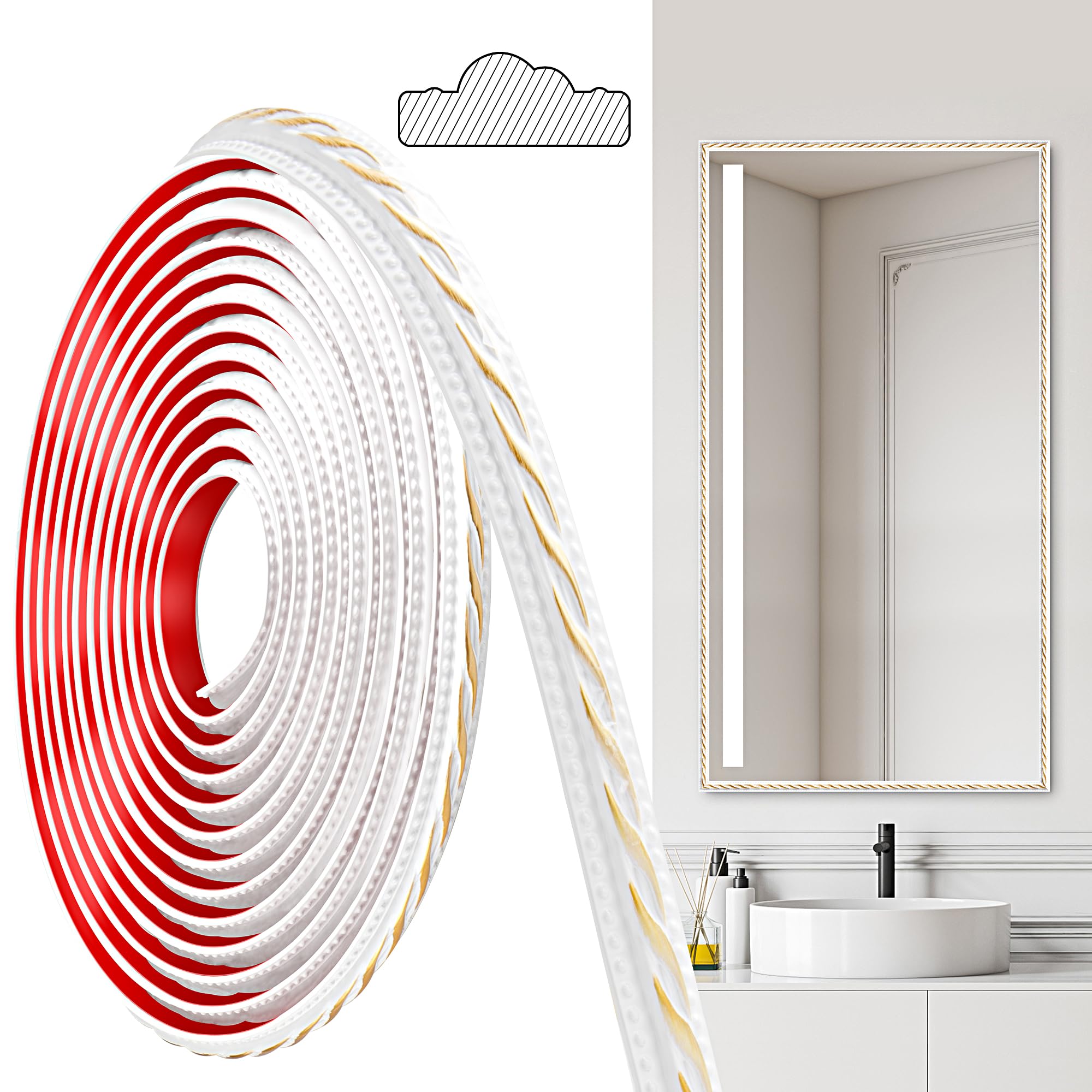 Junart White Gold(600Cm×2Cm) Pvc Moldings Trim, 600Cm×2Cm, Peel And Stick Self-Adhesive, Coving For Ceilings, Wall Moldings For Wall Edge, Mirror Frames, Ceiling, Skirting Boards, Cabinet(White Gold)
