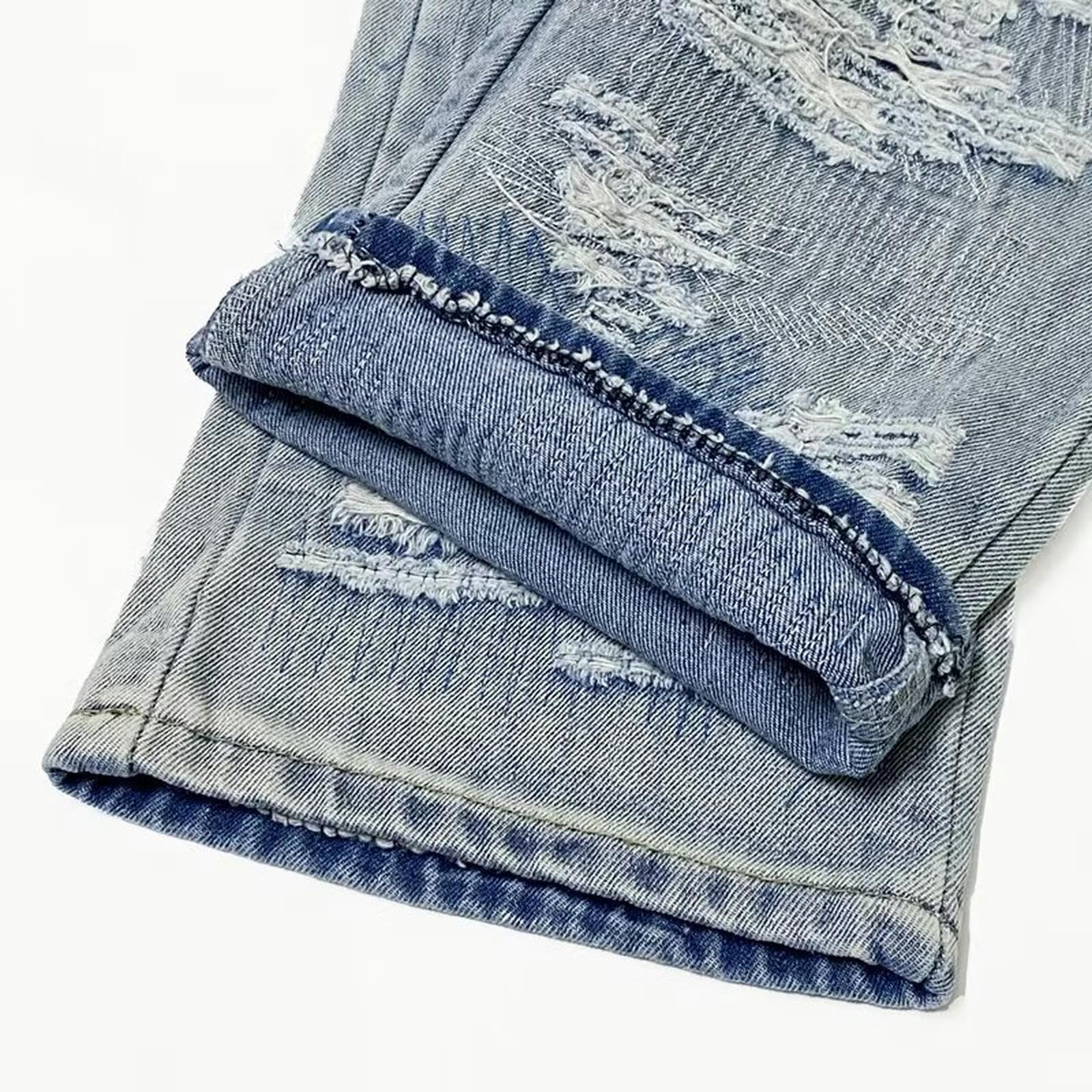 Jeans da Uomo Larghi con Toppa alla Moda in Jacquard elettronico, Stile Distrutto e Lavato - Blu - S