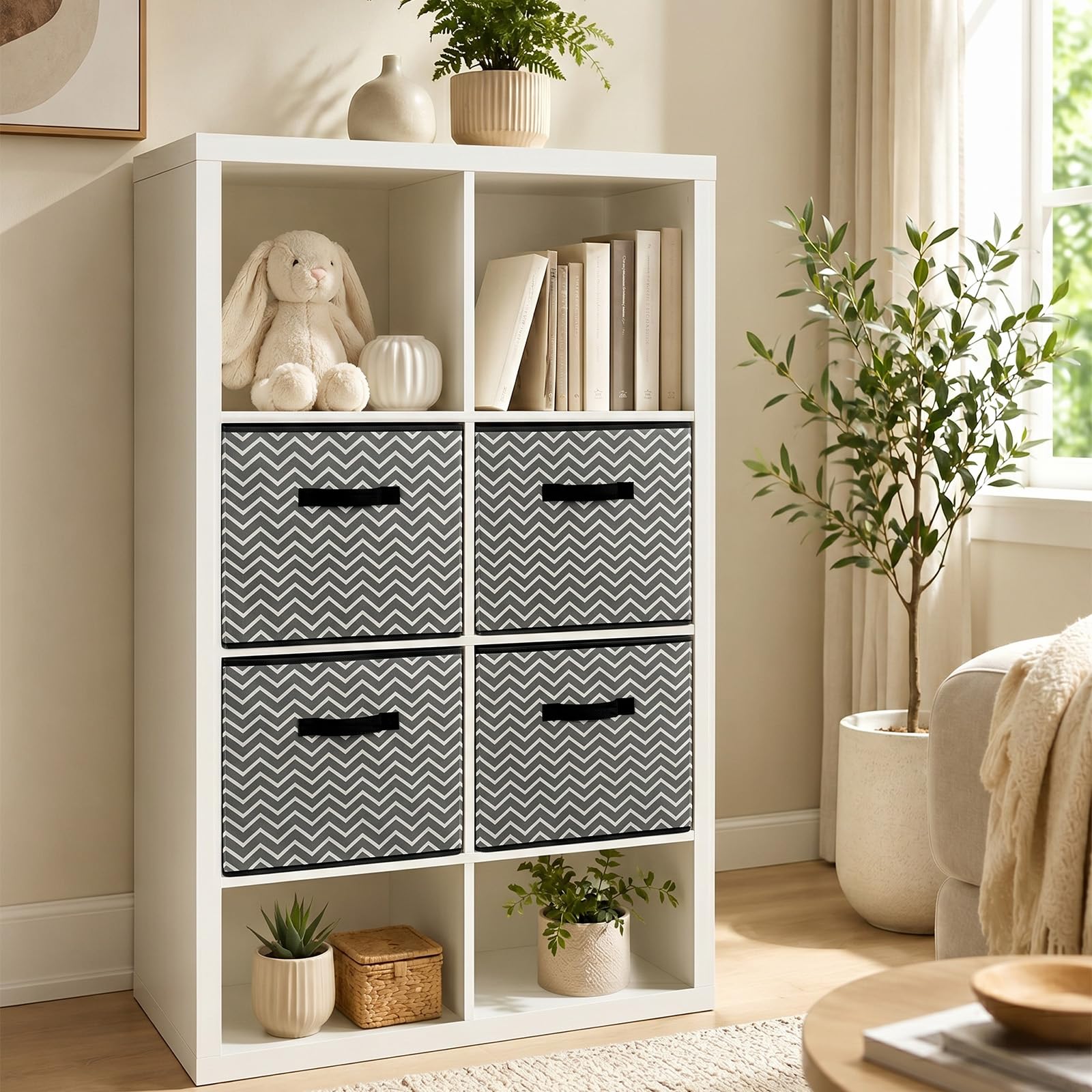 Stoff-Aufbewahrungsbox 4er-Set 33x38x33 cm – Faltbare Aufbewahrungskisten mit Griffen, Organizer für Schrank, Regal, Schublade, Kleiderschrank, Mehrfarbig (Grau mit großen Pfeilen)