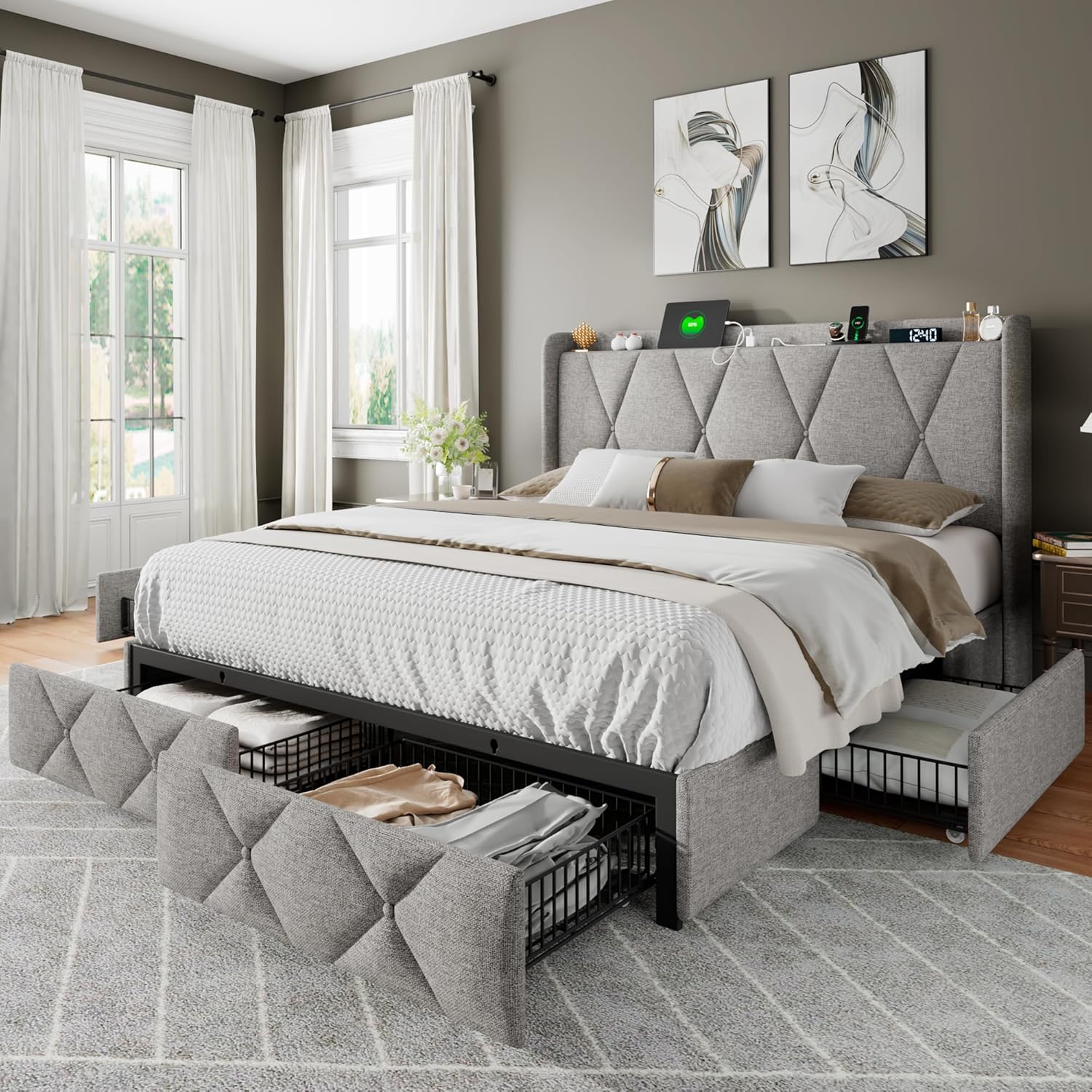 Feonase Full Bed Frame with 4 Storage Drawers, Upholstered Button Tufted Storage Headboard with Fast Charging Station, Heavy Duty Slats Support, No Box Spring Needed, Noise-Free, Light Grey Light Grey Full