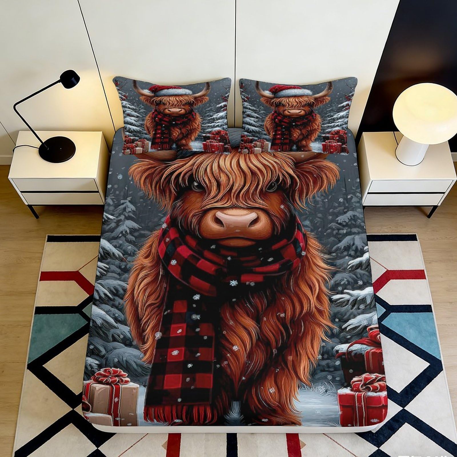 3D Printed Highland Cow Fitted Sheet Microfiber Soft Decorative Christmas Plaid Bed Cover for Bedroom Guest Room Dorm 90x200x25cm