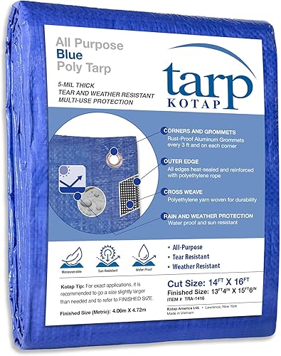 Kotap 14 x 16 Ft. All-Purpose Multi-Use Protection/Coverage 5-mil Poly Tarp, Waterproof, Blue, 1-Pack (TRA-1416)