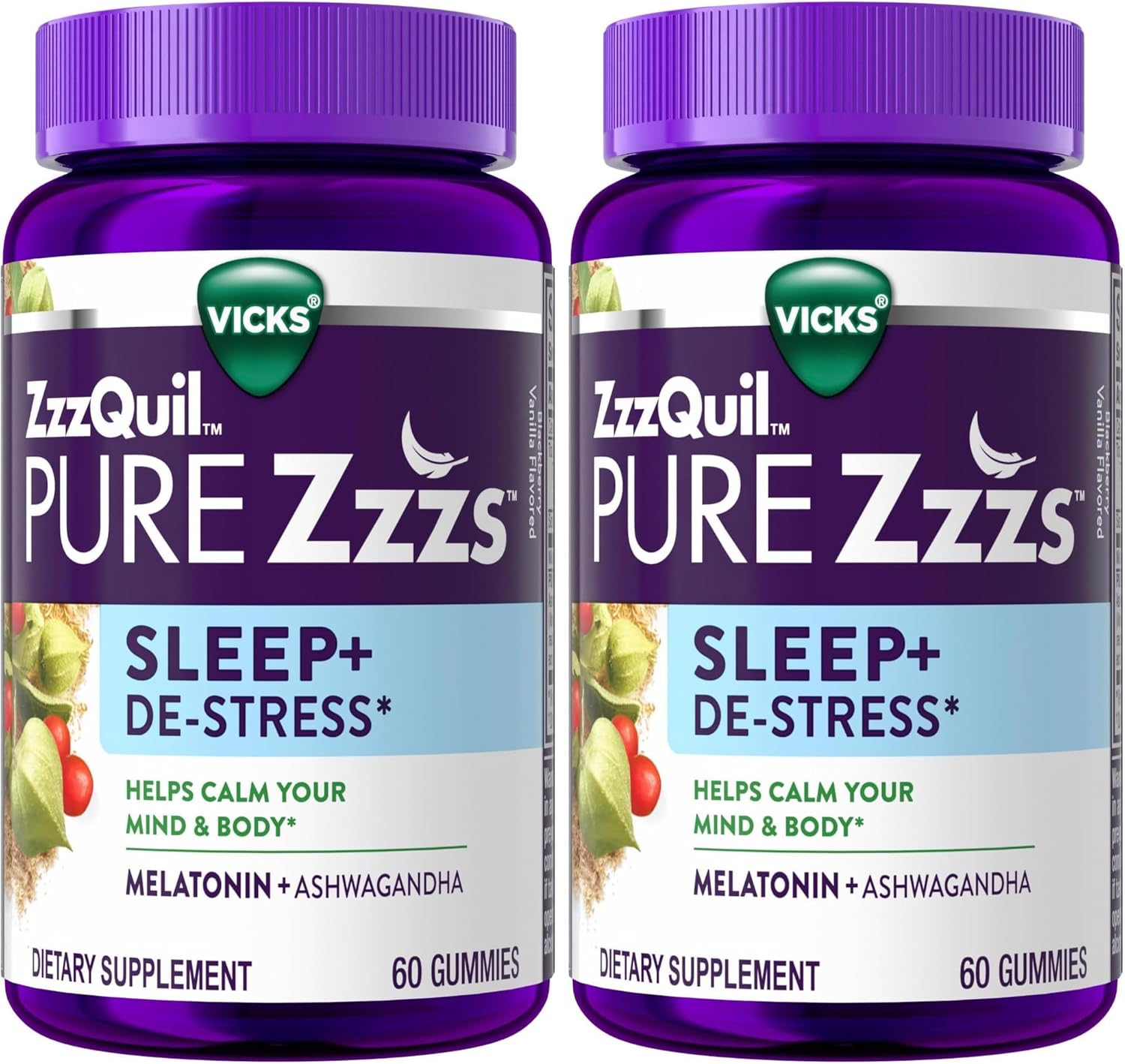 ZzzQuil Pure Zzzs De-Stress 2mg Melatonin Gummies,Sleep Aids for Adults,Ashwagandha for Stress Support,60 Gummies,(Pack of 2)