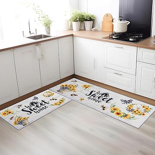 Miniatura 7 de Juego de 2 alfombras de cocina con girasol, antideslizantes, lavables, para suelo de cocina, decoración de cocina con girasol, 17 x 30 + 17 x 47