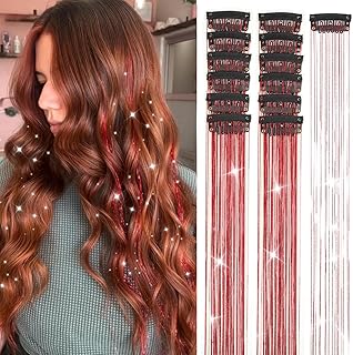Red Hair Tinsel 12Pcs Clip in Hair Tinsel Kit 20.5 Inch Fairy Hair Tinsel Kit Heat Resistant Hair Accessories Glitter Hair Extensions for Christmas Halloween Cosplay Party