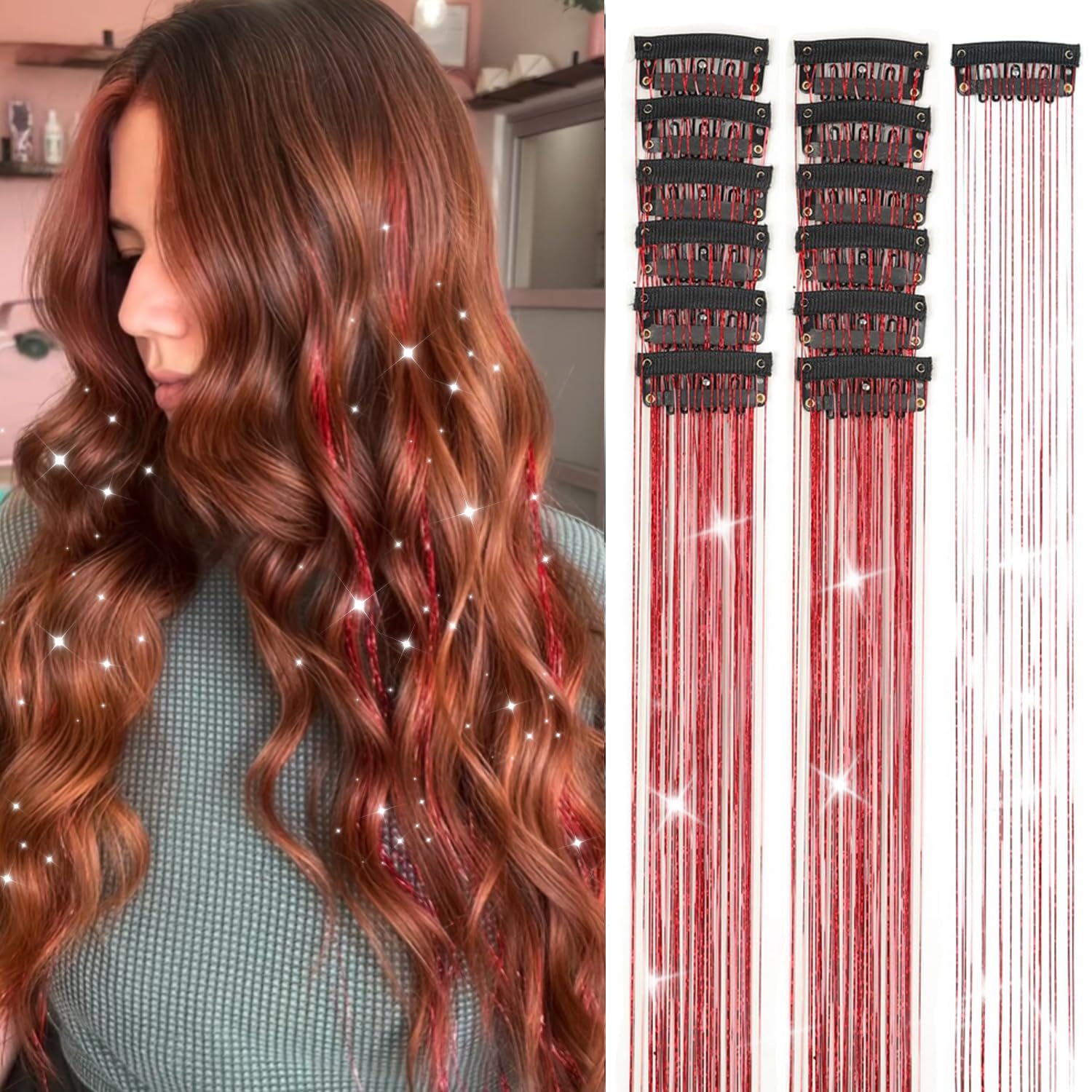 Amazon.co.jp: 赤髪ティンセル12個クリップインヘアティンセルキット