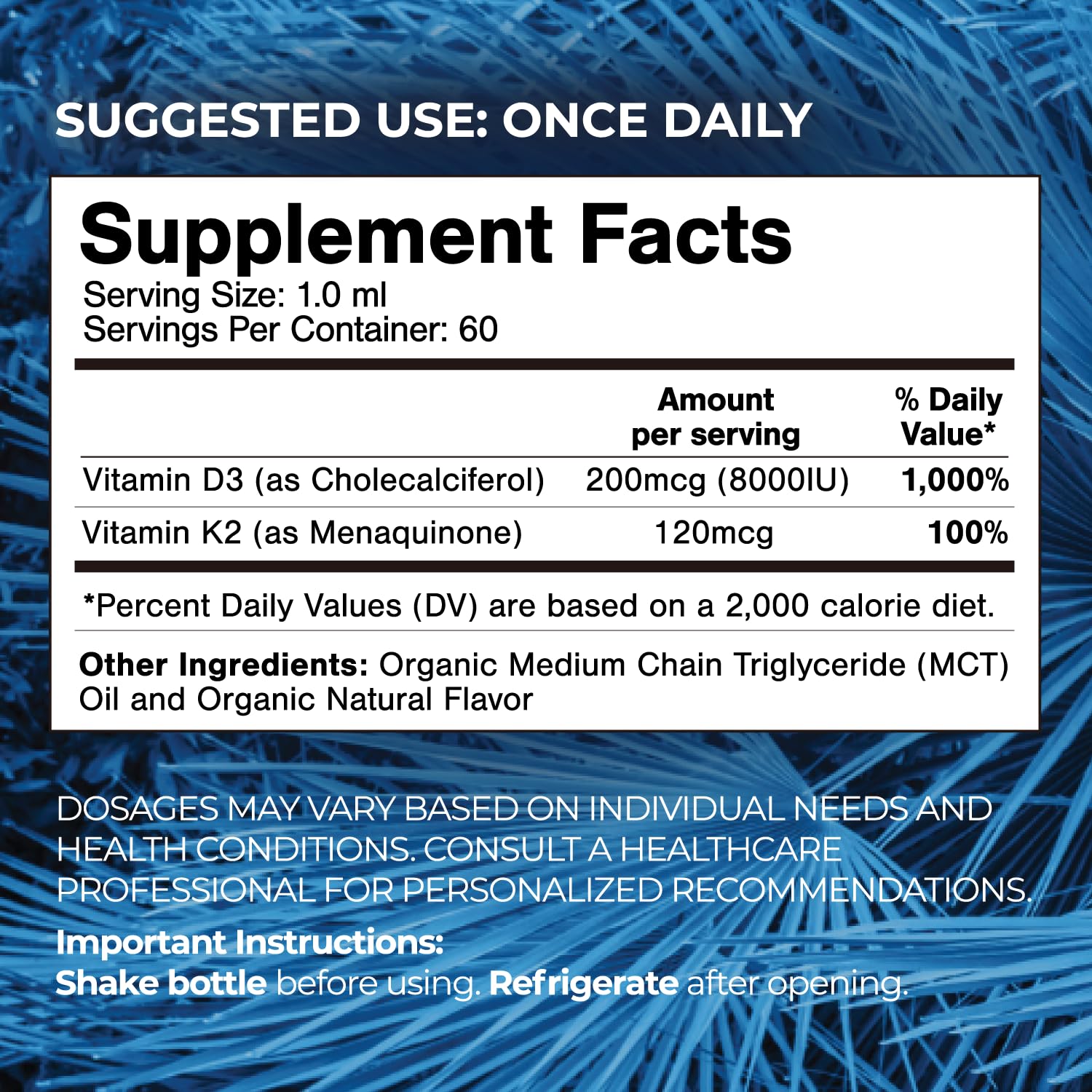 USDA Organic Liquid Vitamin D3 K2 Drops for Adults | Superdose 8000IU Pure Vitamin D3 | 60 Serv | Vitamin D K2 Supplement for Immune Support & Bone Health | 98% Absorption | Vegan, Non-GMO | 2 Fl Oz — Amazon image 2